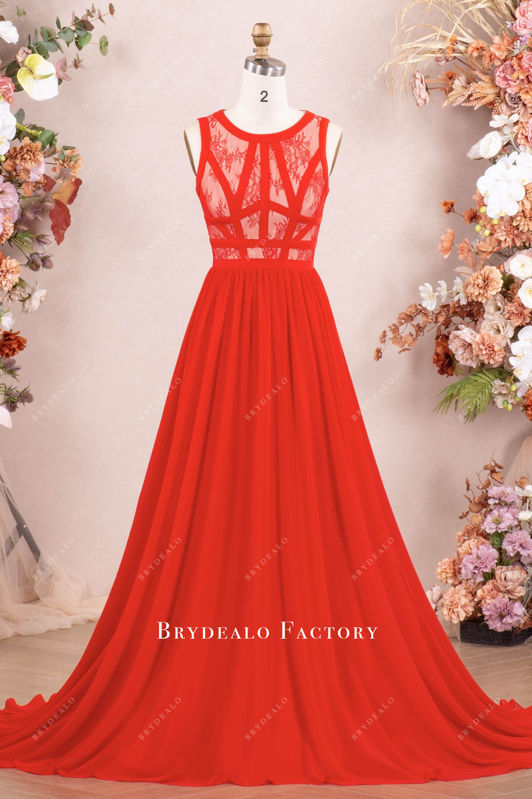red lace chiffon dress Red Lace Trim Square Neck Ruffle Chiffon Maxi Dress  Free From Label