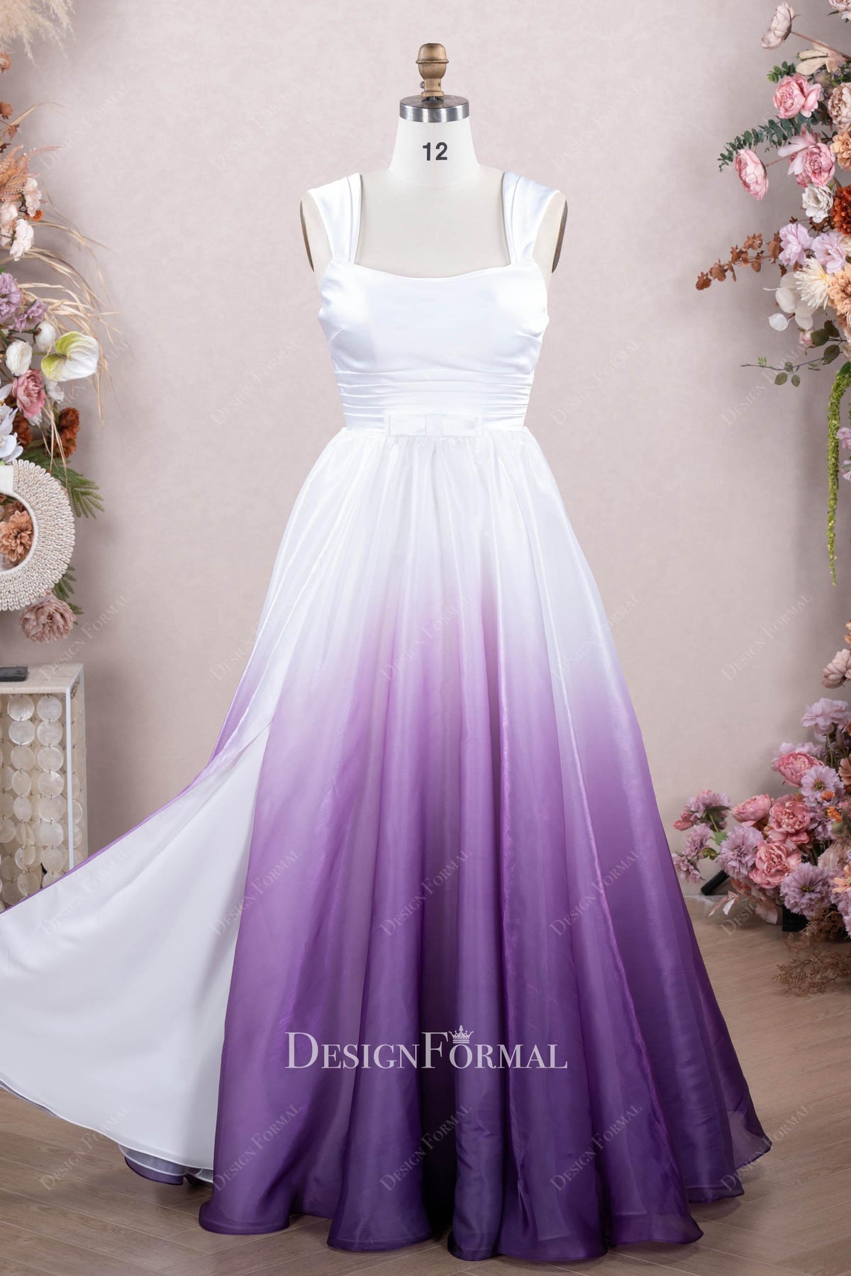 straps ombre purple slit wedding dress