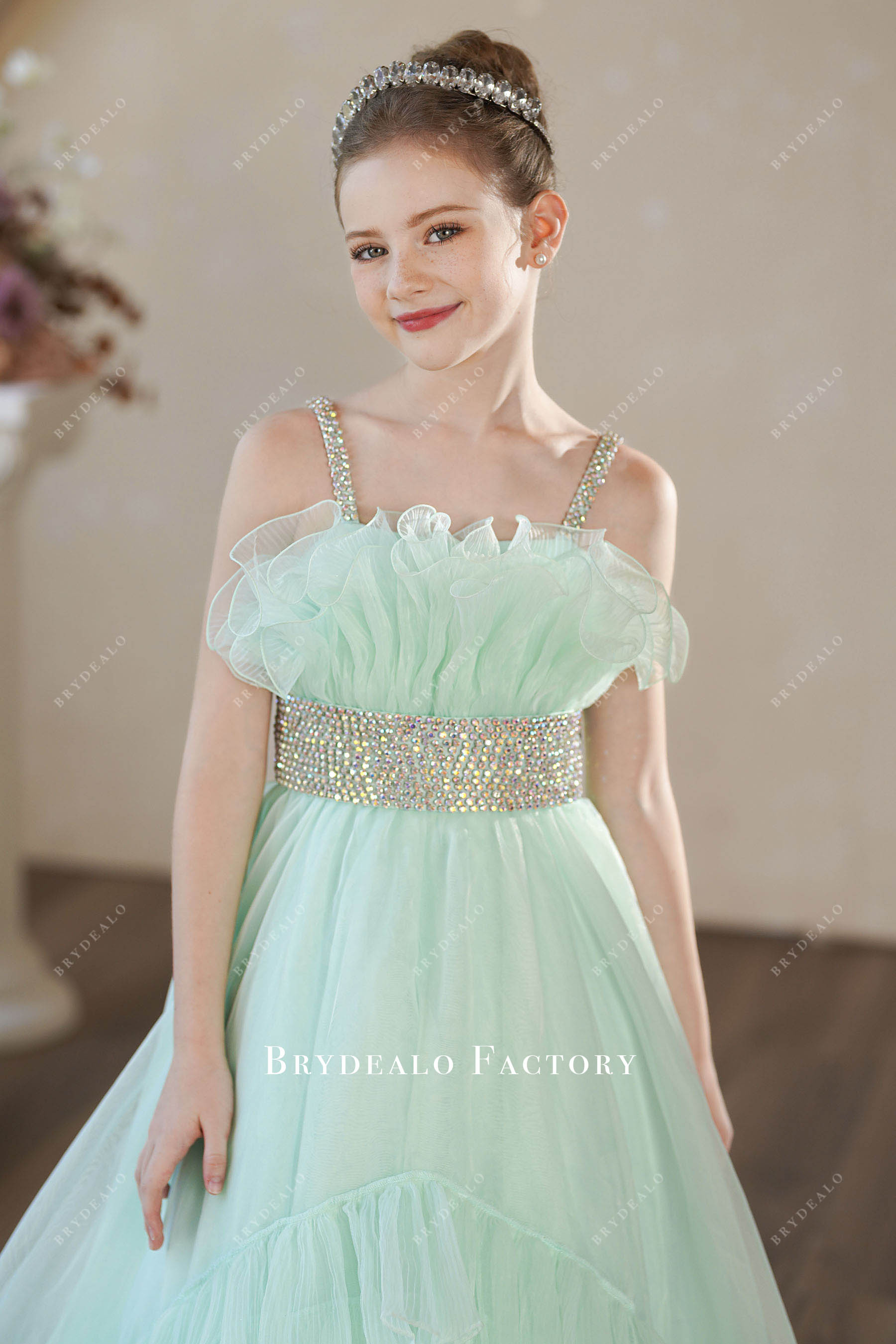 rhinestones straps ruffled neck kids birthday dress