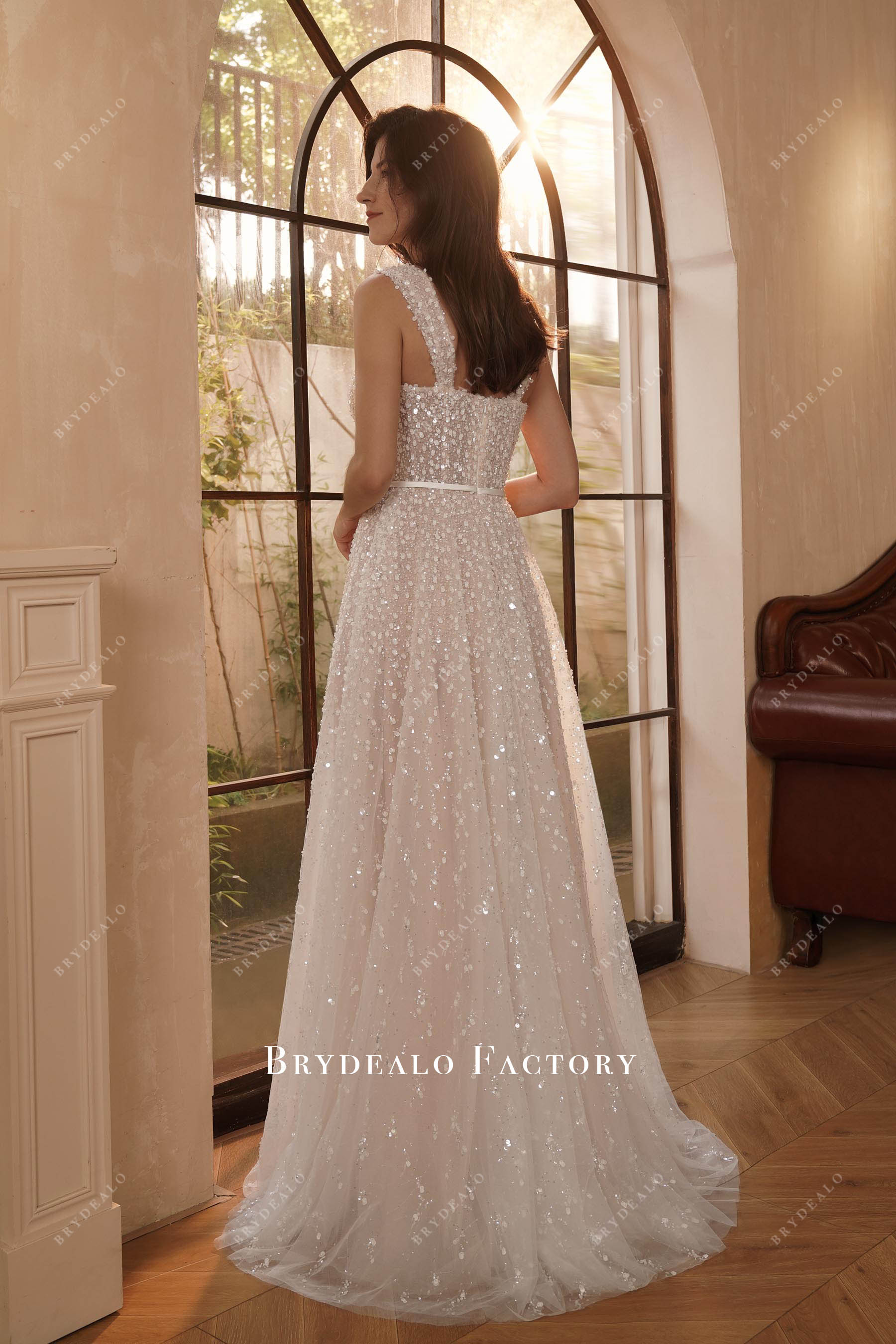 straps sweep train wedding dress