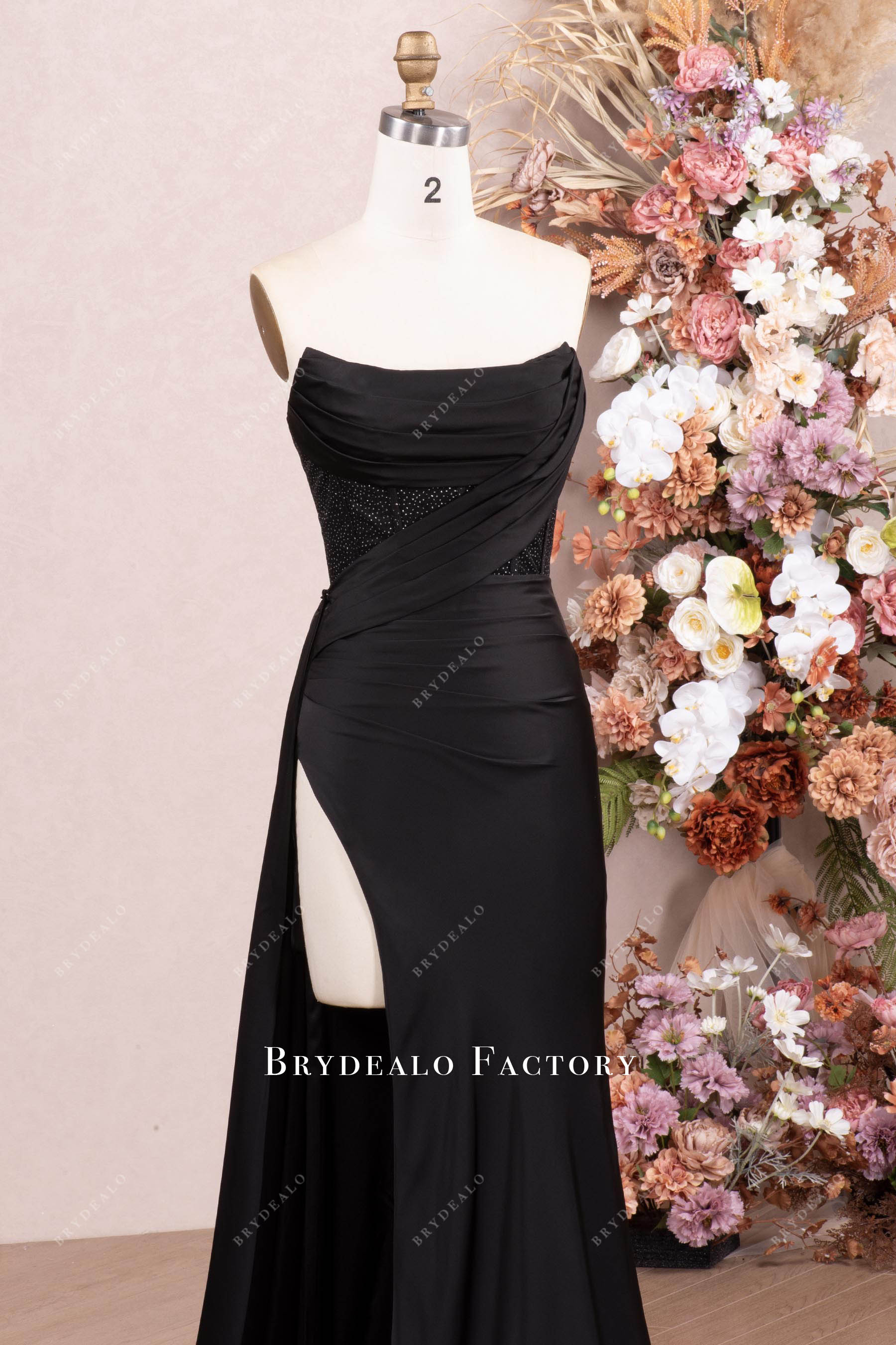 strapless curve neck high slit prom dress