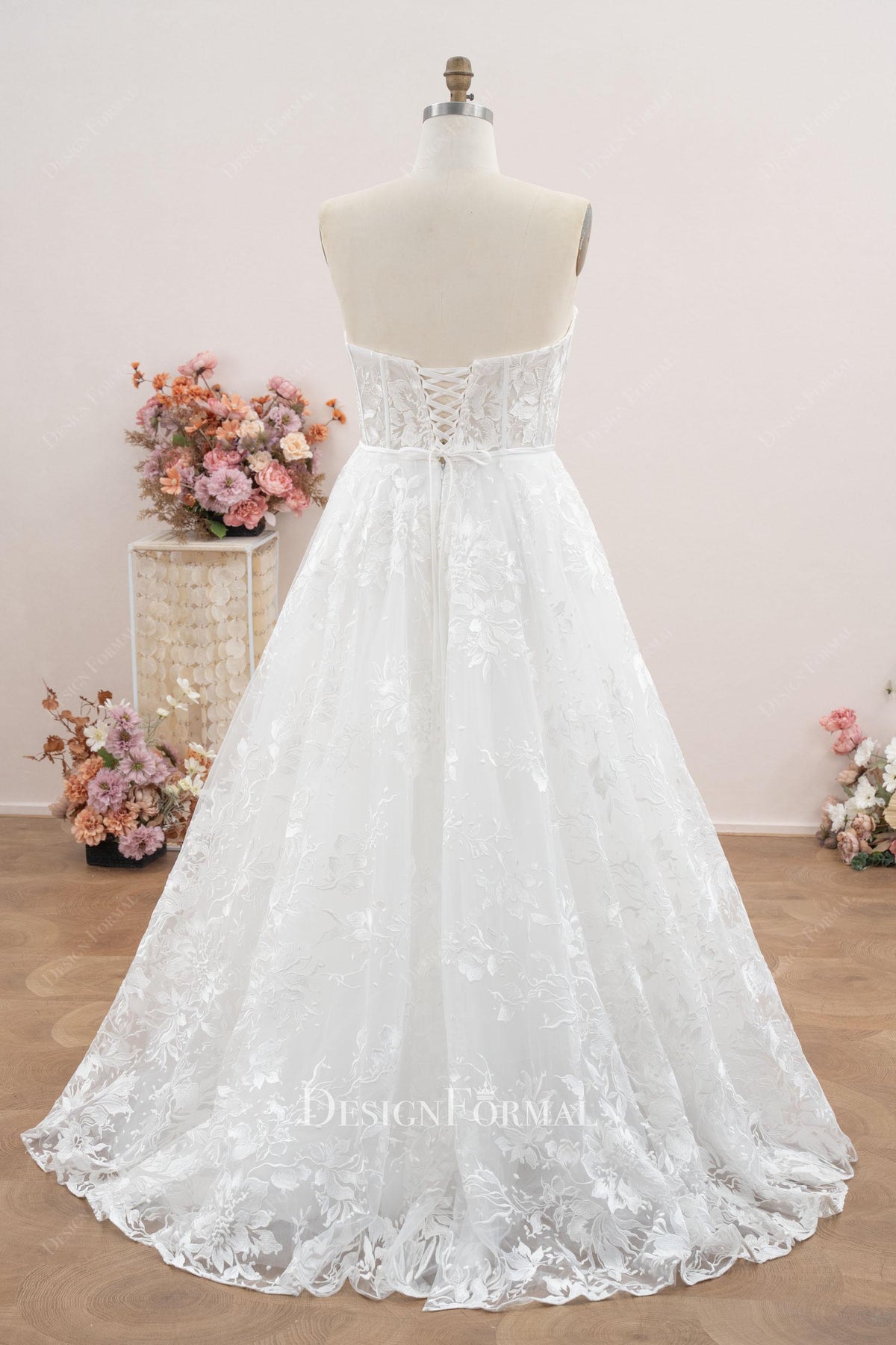 sweep train flower lace wedding dress