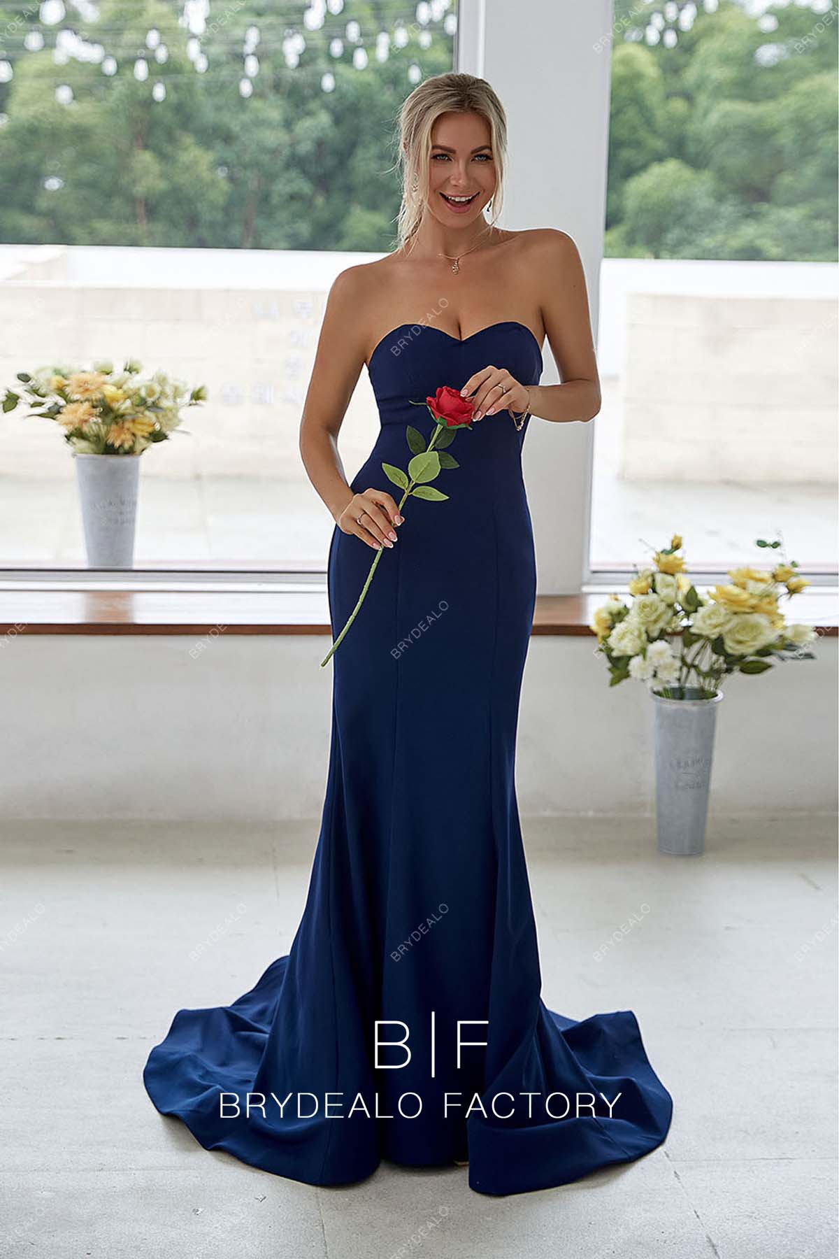 Sweetheart Neck Strapless Mermaid Navy Blue Bridesmaid Evening Dress