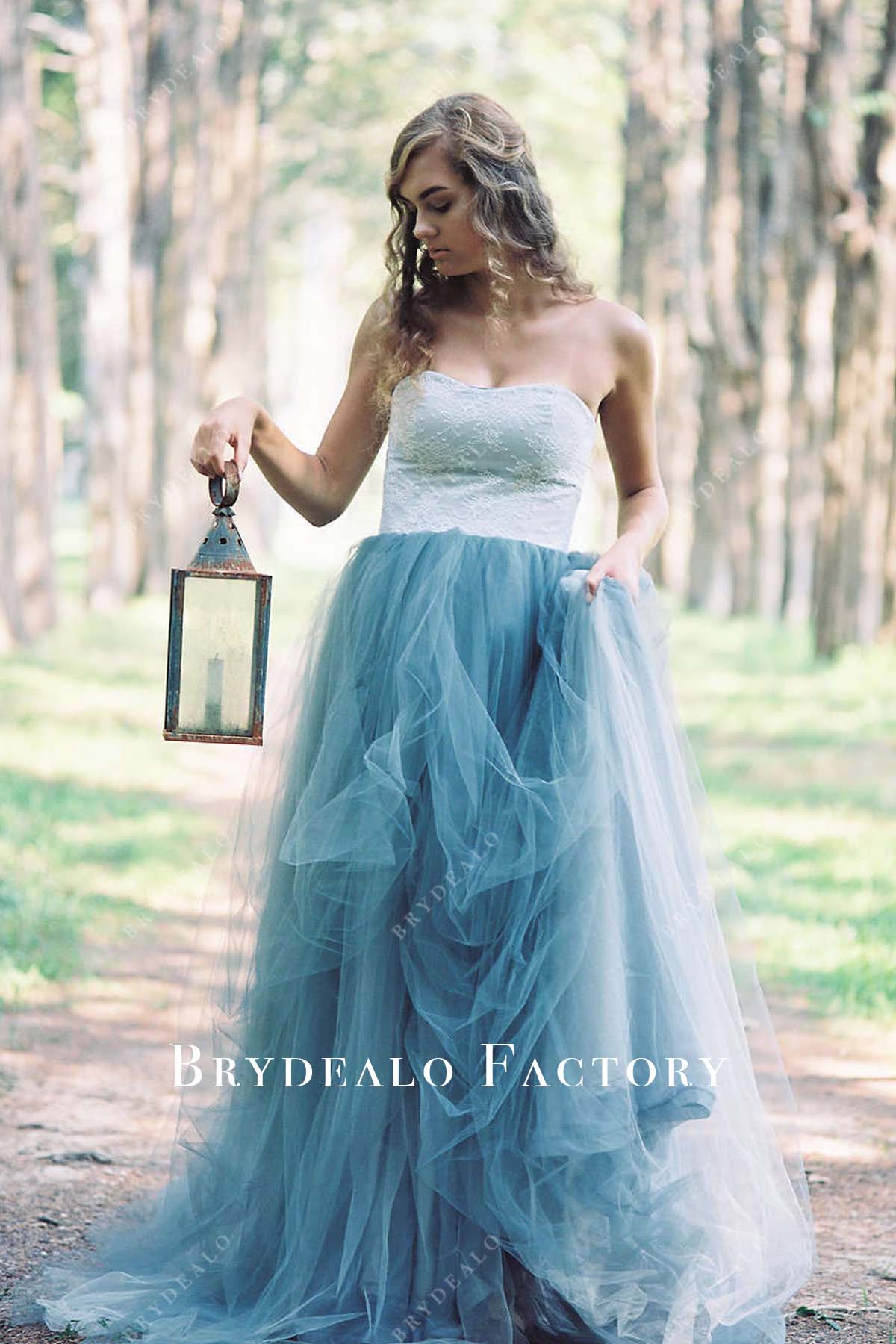 Strapless White Lace Blue Tulle Destination Wedding Gown, Two-Tone Strapless White Lace Blue Tulle Destination Wedding Gown, Two-Tone