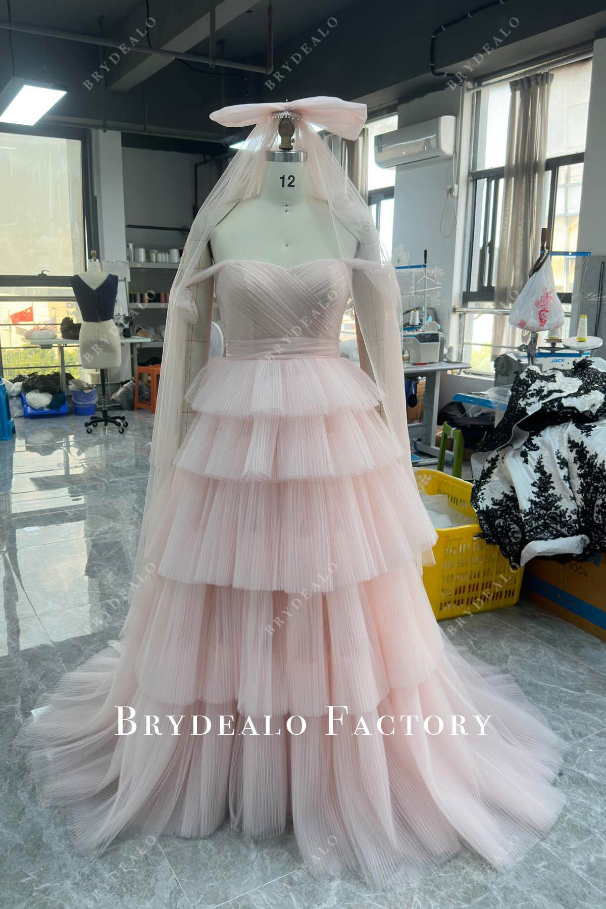 Custom Blush Off Shoulder Sweetheart Neck Slit Wedding Dress, Dress+Veil / Champagne