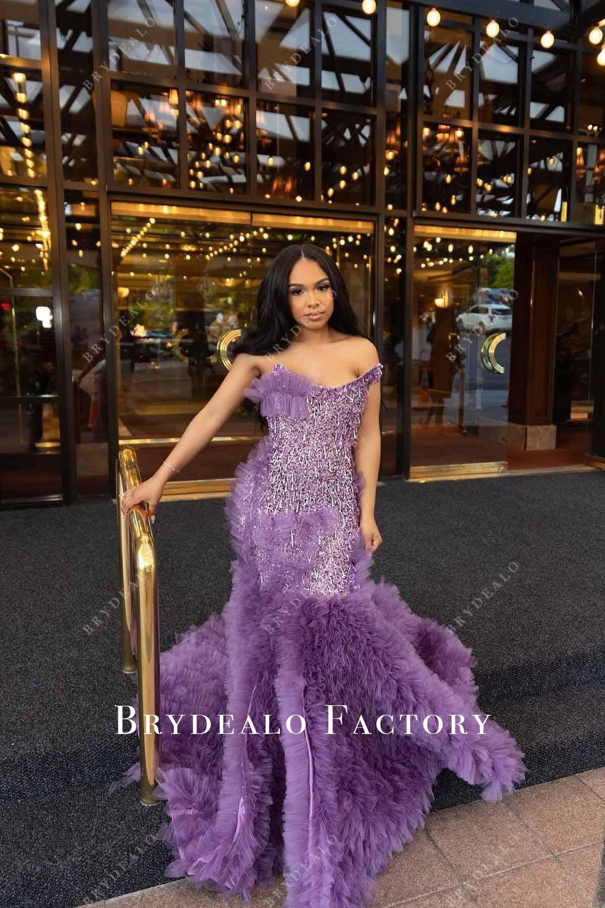 tahiti ruffled trumpet prom dress