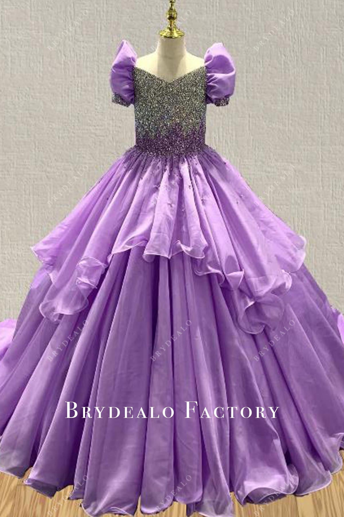 strapless open back dress Crystals Tahiti Puffy Sleeves A-Line Kids Pageant Dress
