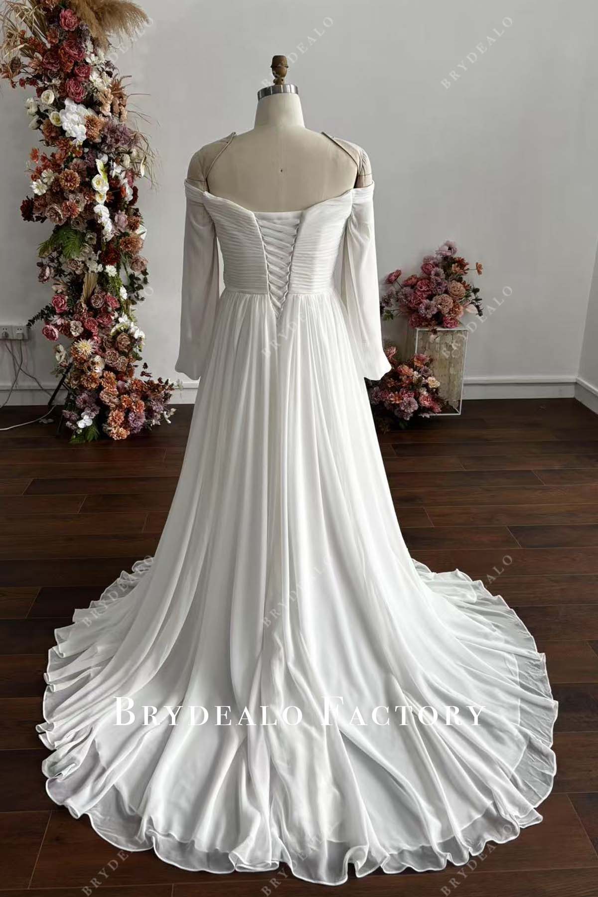 Tailored Off Shoulder Flowy Chiffon Lace-Up Corset Back Wedding Dress