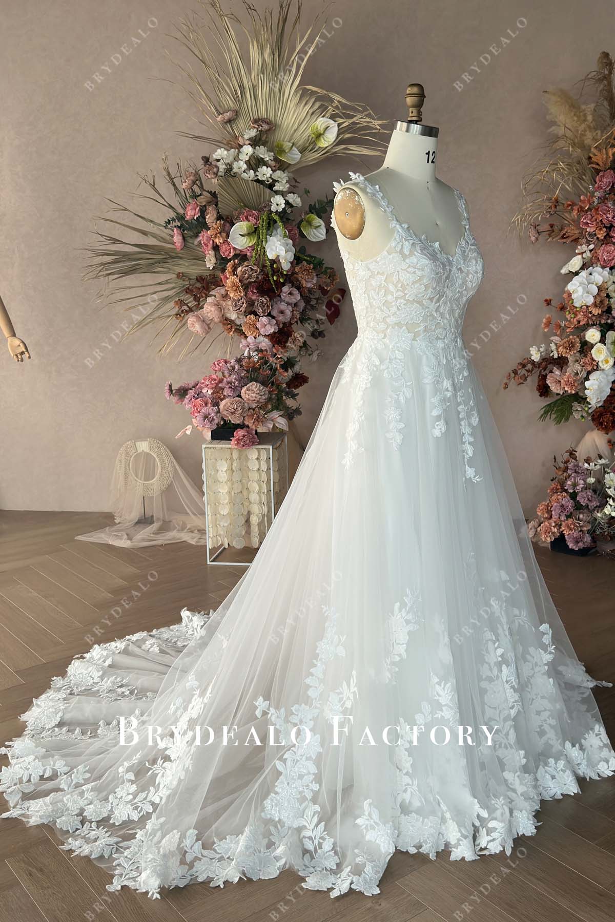tailored sleeveless long train bridal dress