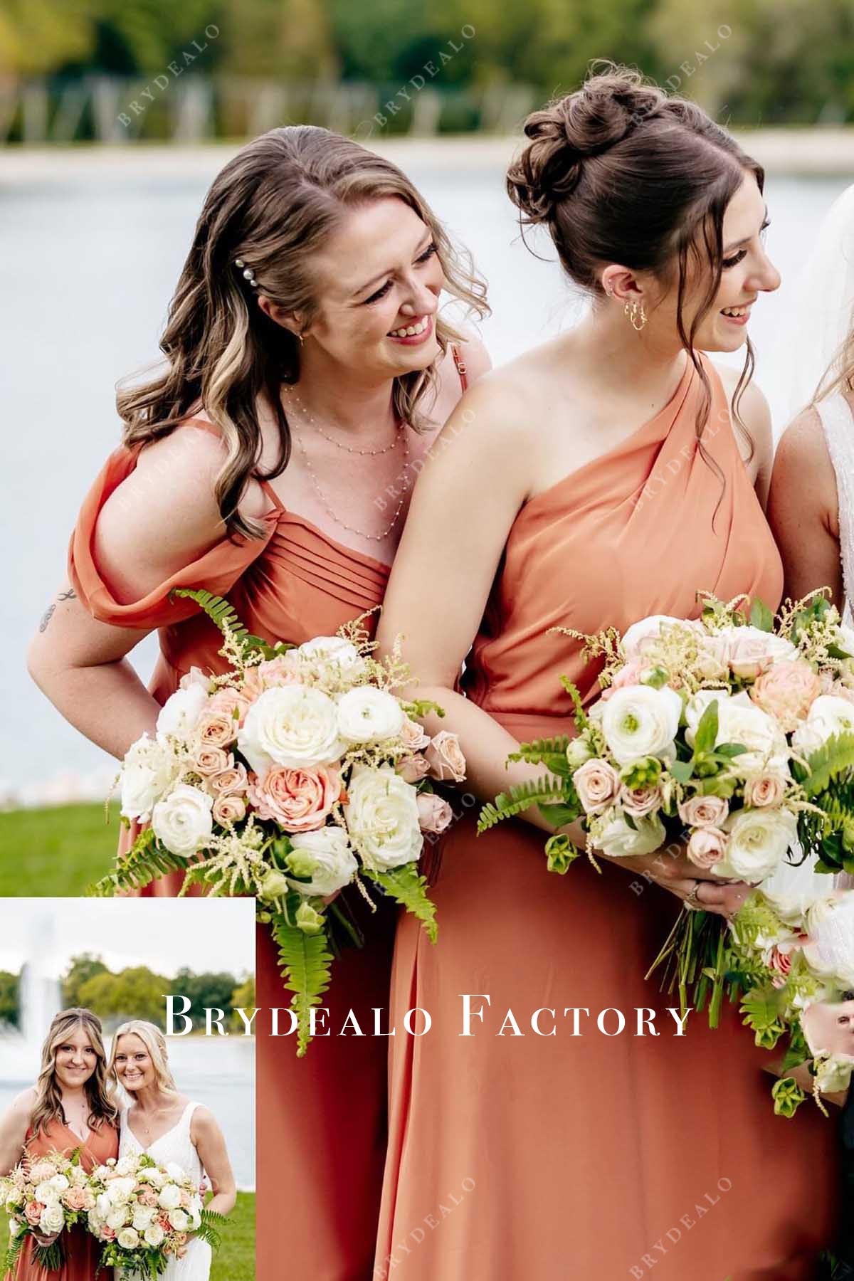 tan floor length mismatched bridesmaid dresses