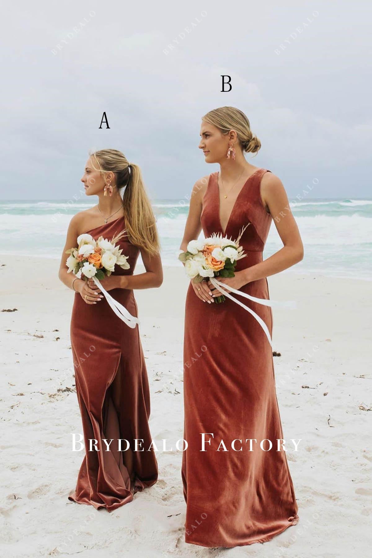 Tan Velvet Sleeveless Mismatched Bridesmaid Dresses, Dress A Tan Velvet Sleeveless Mismatched Bridesmaid Dresses, Dress A