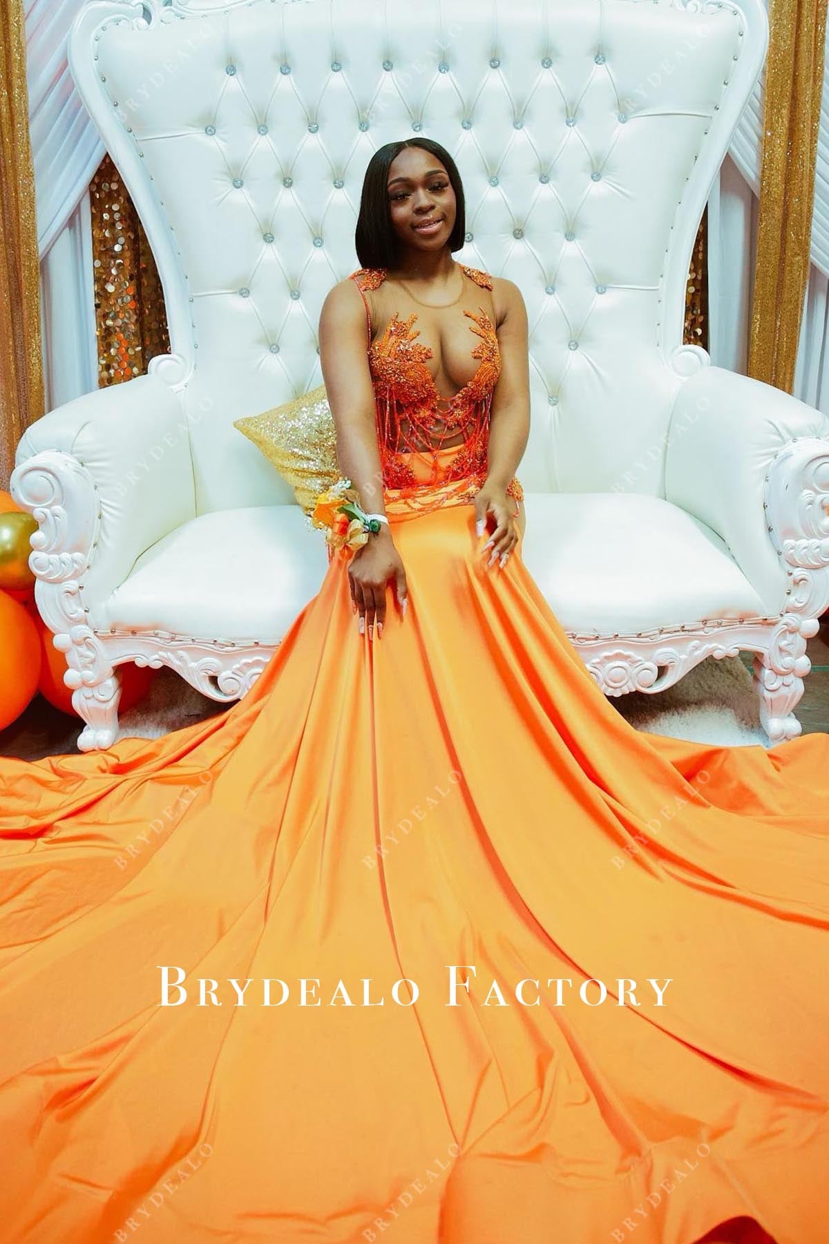 tangerine illusion neck trumpet prom dress