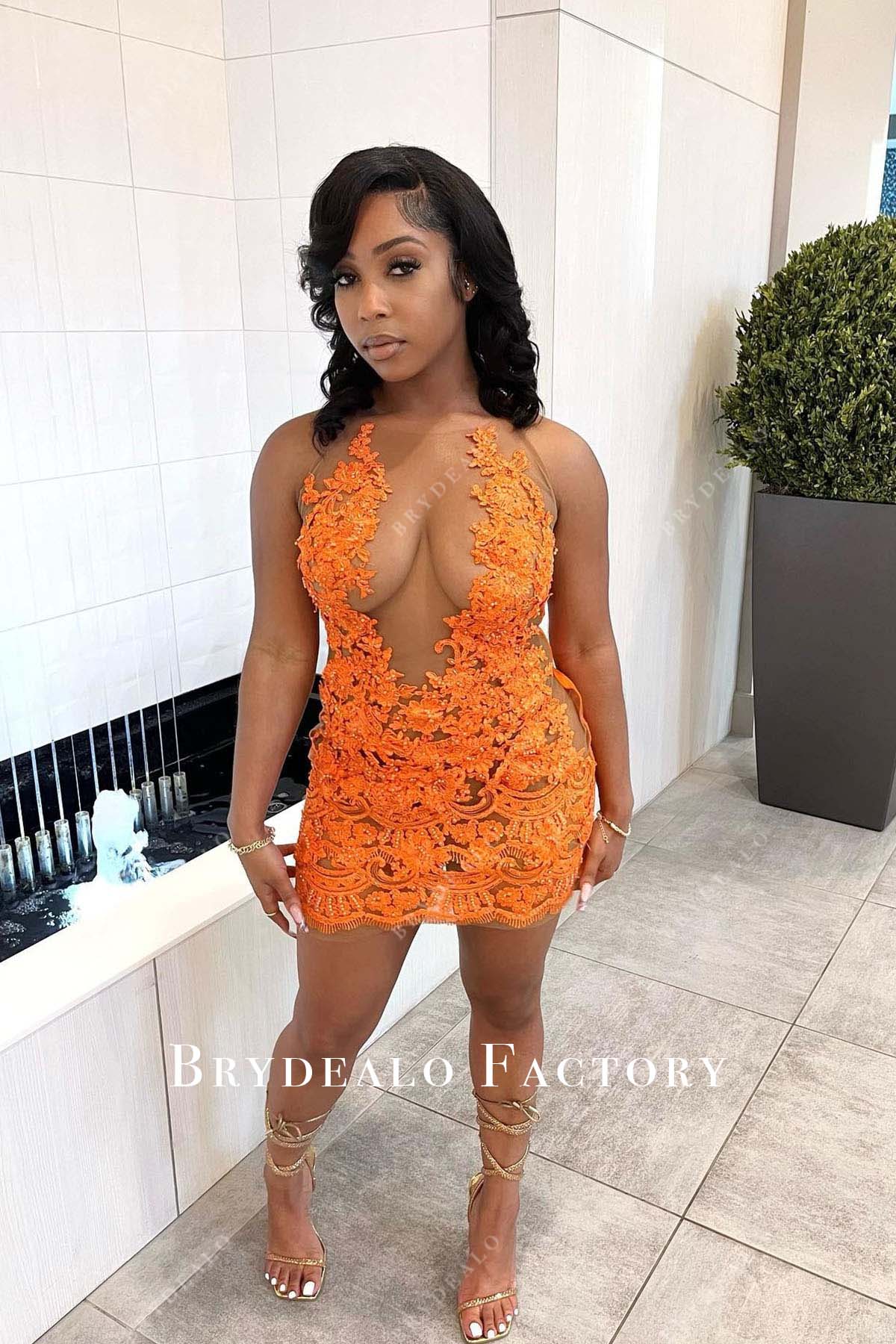 Prom Dress | Shimmer Tangerine Lace Sleeveless Mini Formal Dress