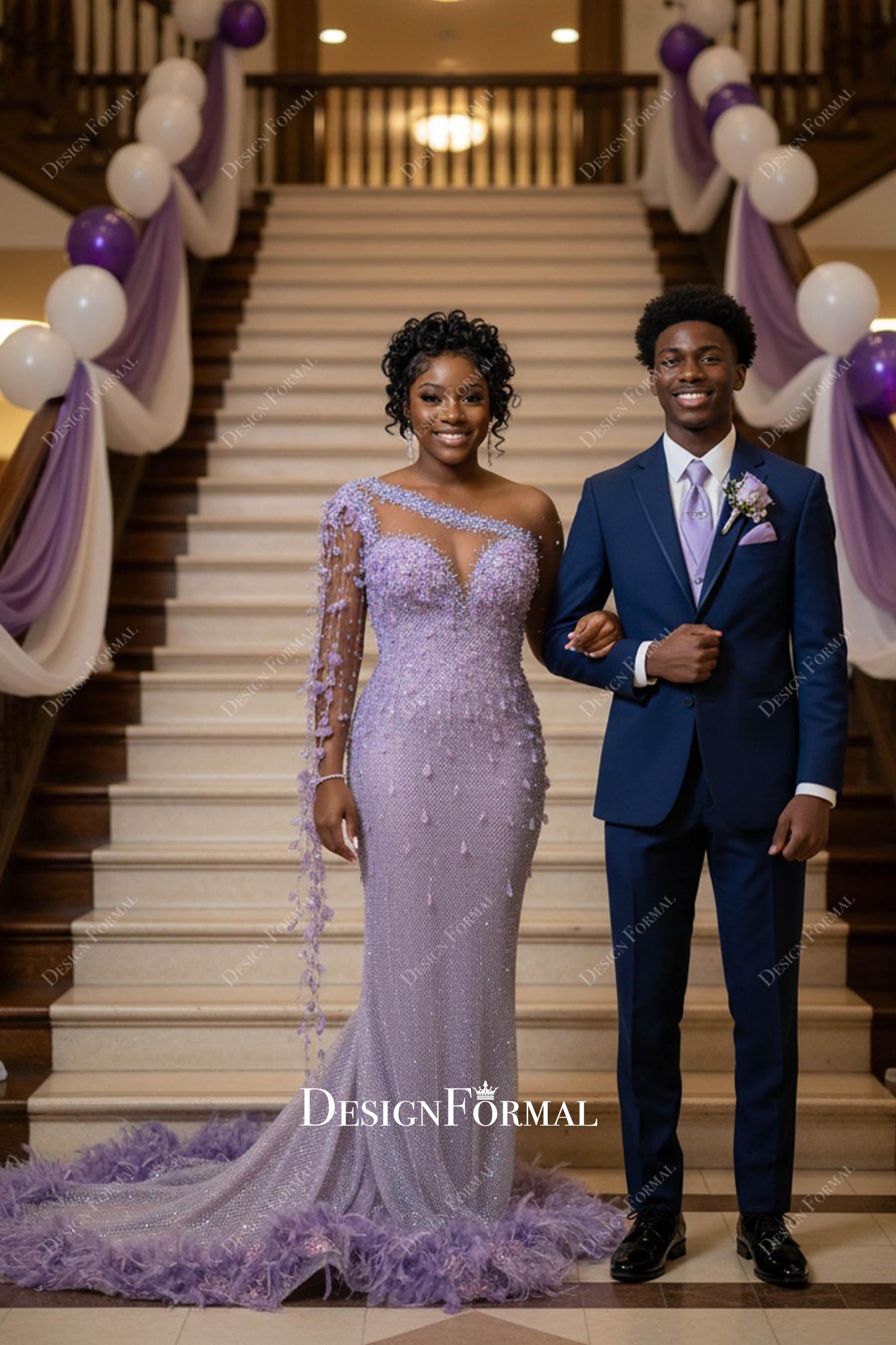 Tassel One Sleeve Luxury Crystals Lilac Mermaid Prom Dress