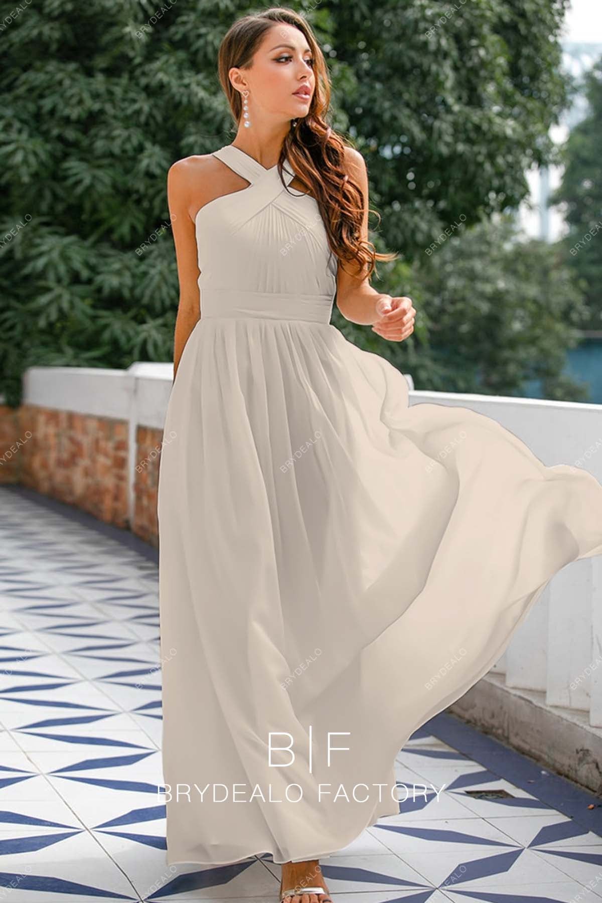 Taupe Chiffon Pleated Halter Long Bridesmaid Dress
