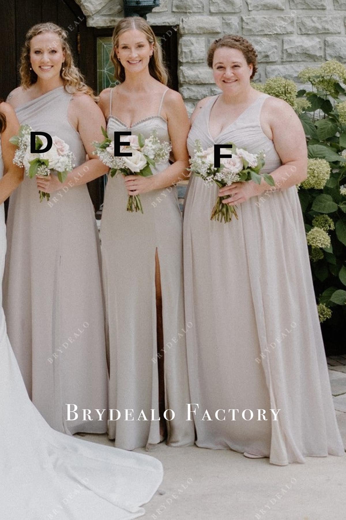 taupe long mismatched bridesmaid dresses