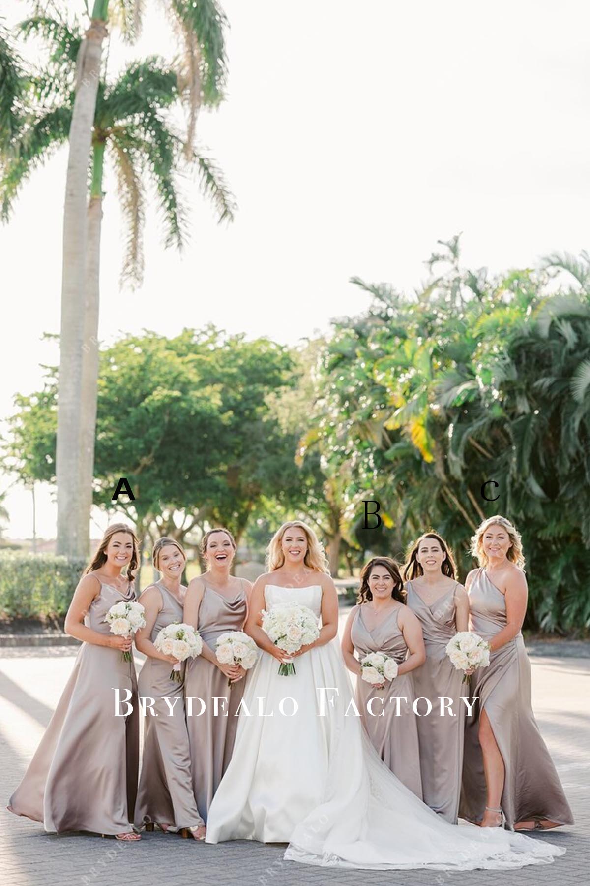 Taupe Sleeveless Floor Length Mismatched Bridesmaid Dresses, Dress A