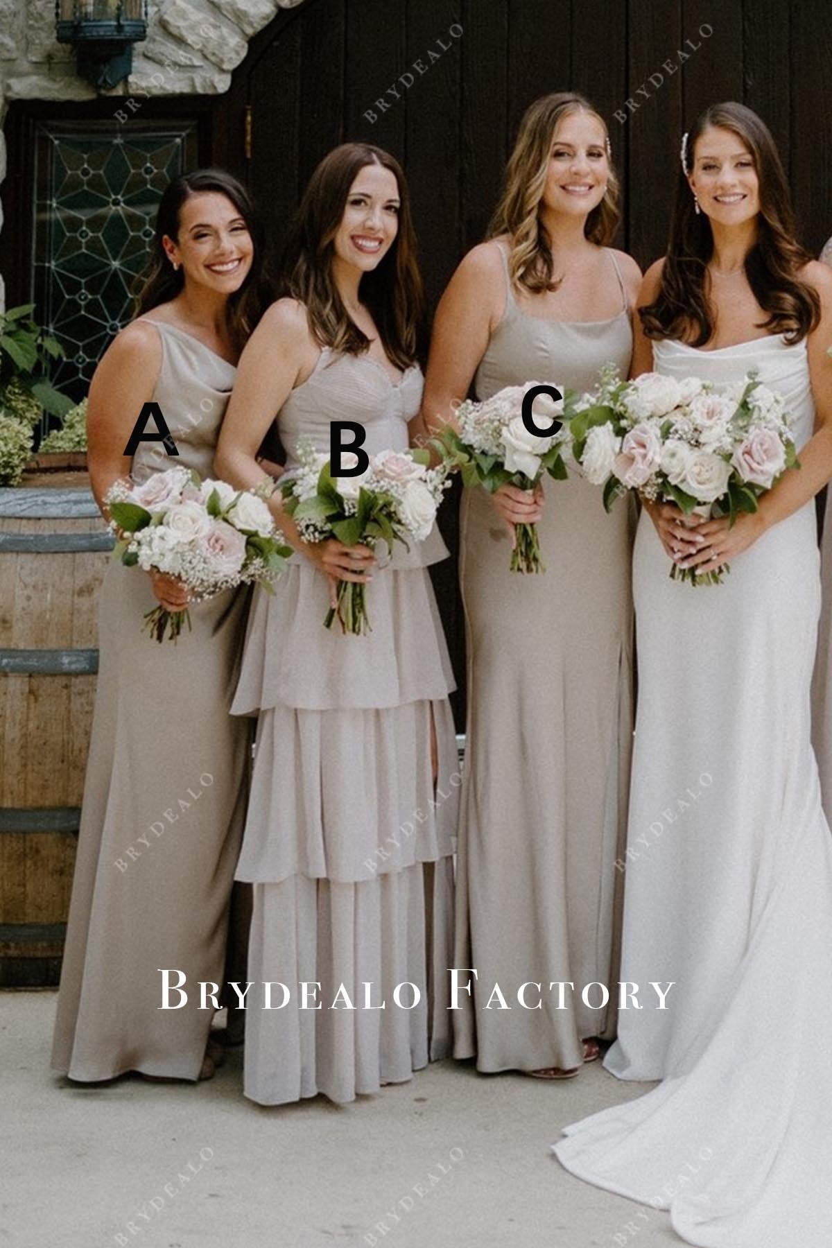 taupe sleeveless mismatched bridesmaid dresses