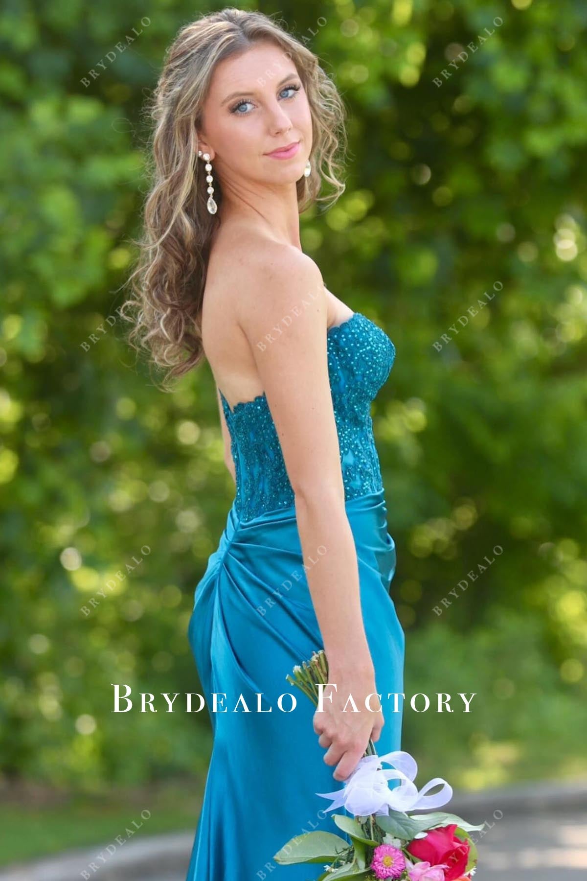 teal blue lace corset prom dress