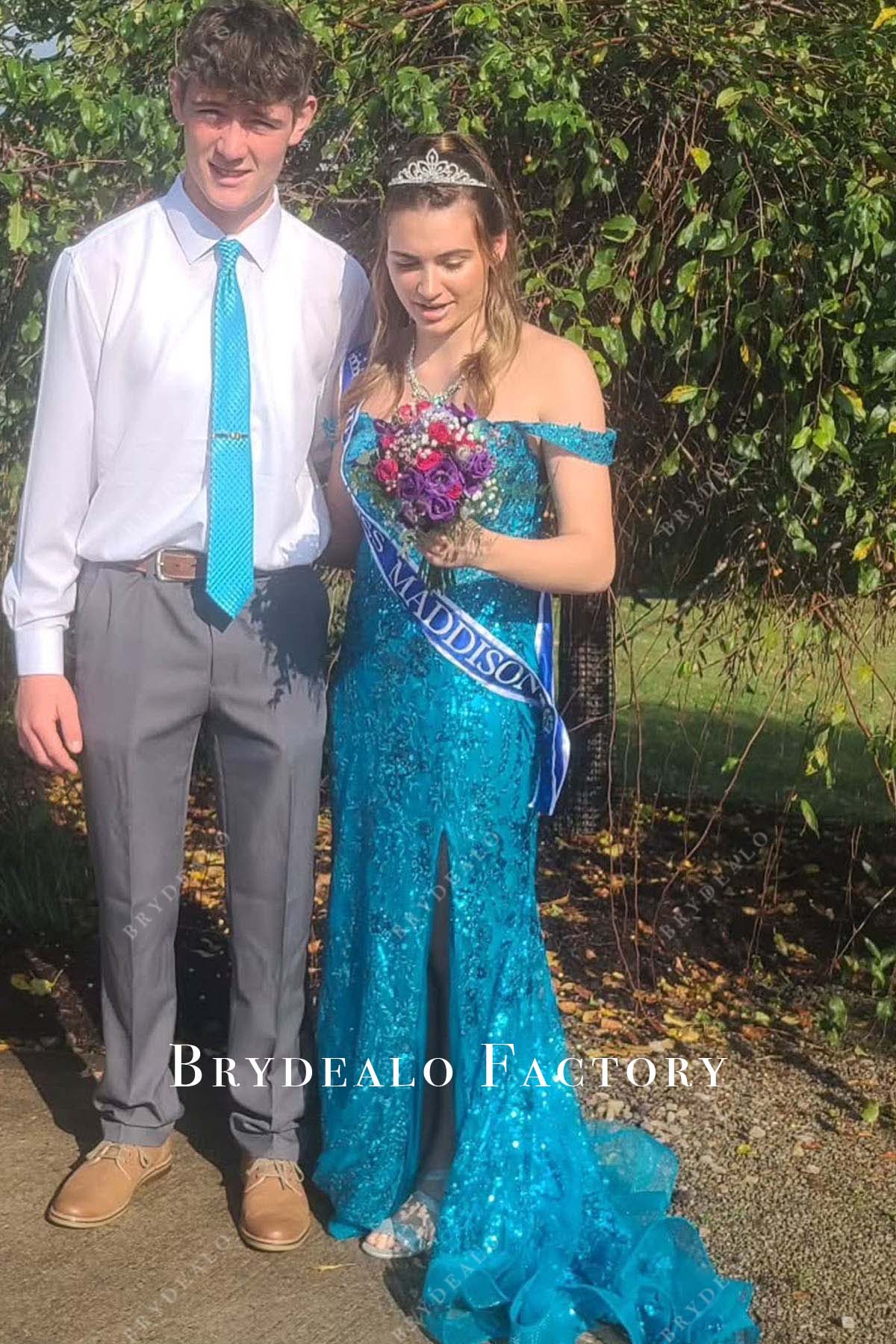 Homecoming Dress | Sparkly Teal Blue Off Shoulder Slit Formal Gown Homecoming Dress | Sparkly Teal Blue Off Shoulder Slit Formal Gown