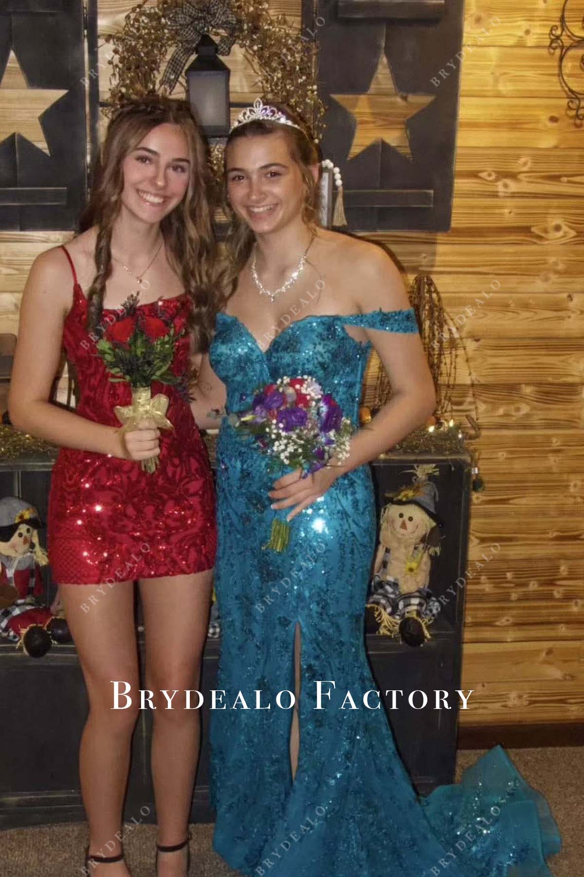 teal blue sequined sweetheart neck homecoming dress