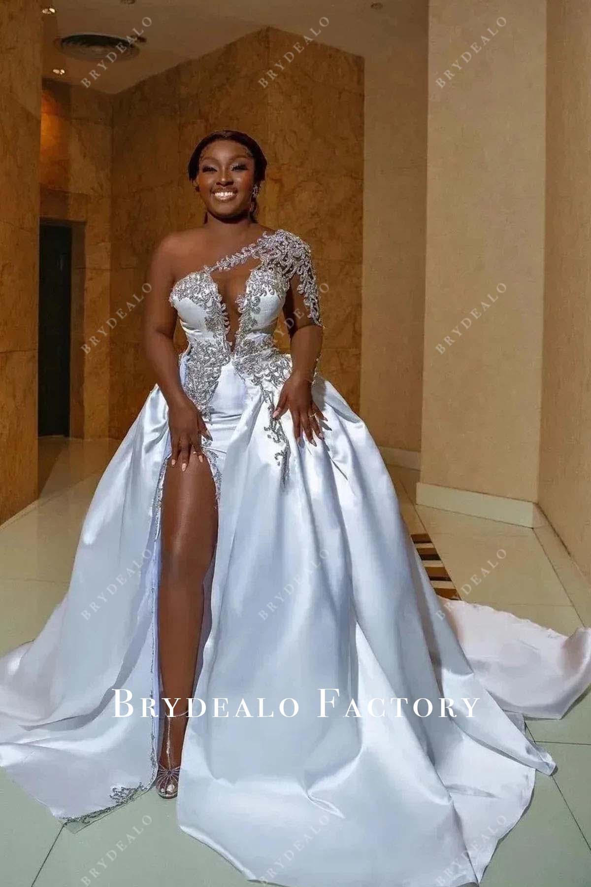 Sparkly Asymmetric Neckline One Sleeve Satin Wedding Dress Sparkly Asymmetric Neckline One Sleeve Satin Wedding Dress