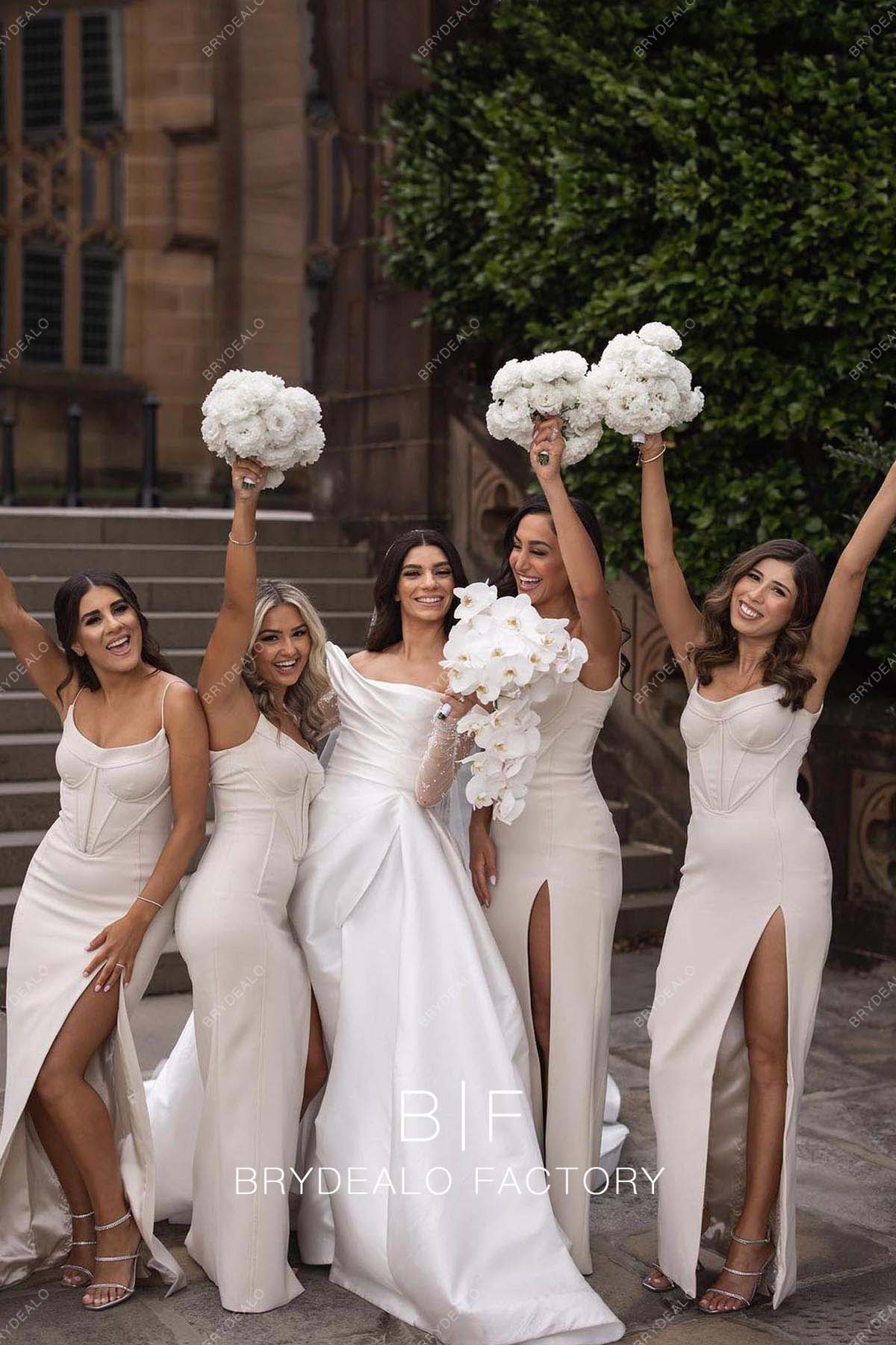 Pale Wheat Thin Strap Scoop Neck Corset Modern Slit Bridesmaid Dresses Pale Wheat Thin Strap Scoop Neck Corset Modern Slit Bridesmaid Dresses
