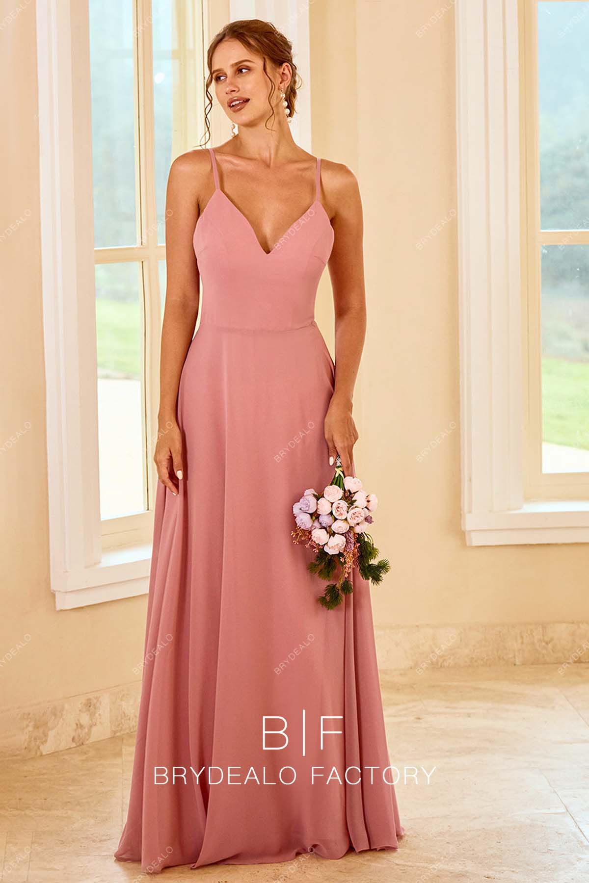 Dusty Rose Chiffon Thin Straps Long Simple Bridesmaid Prom Dress