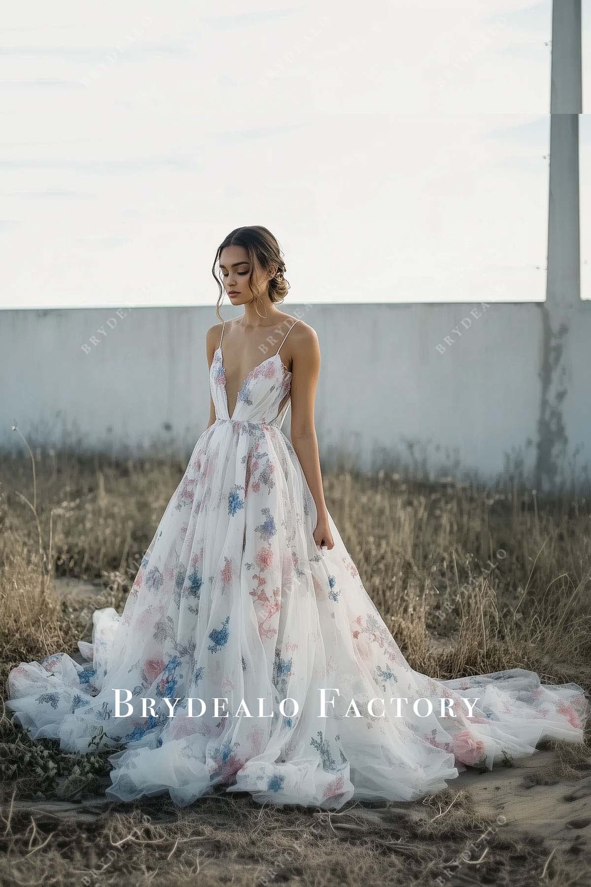 Spaghetti Straps Plunging Floral Printed Long Train Wedding Dress