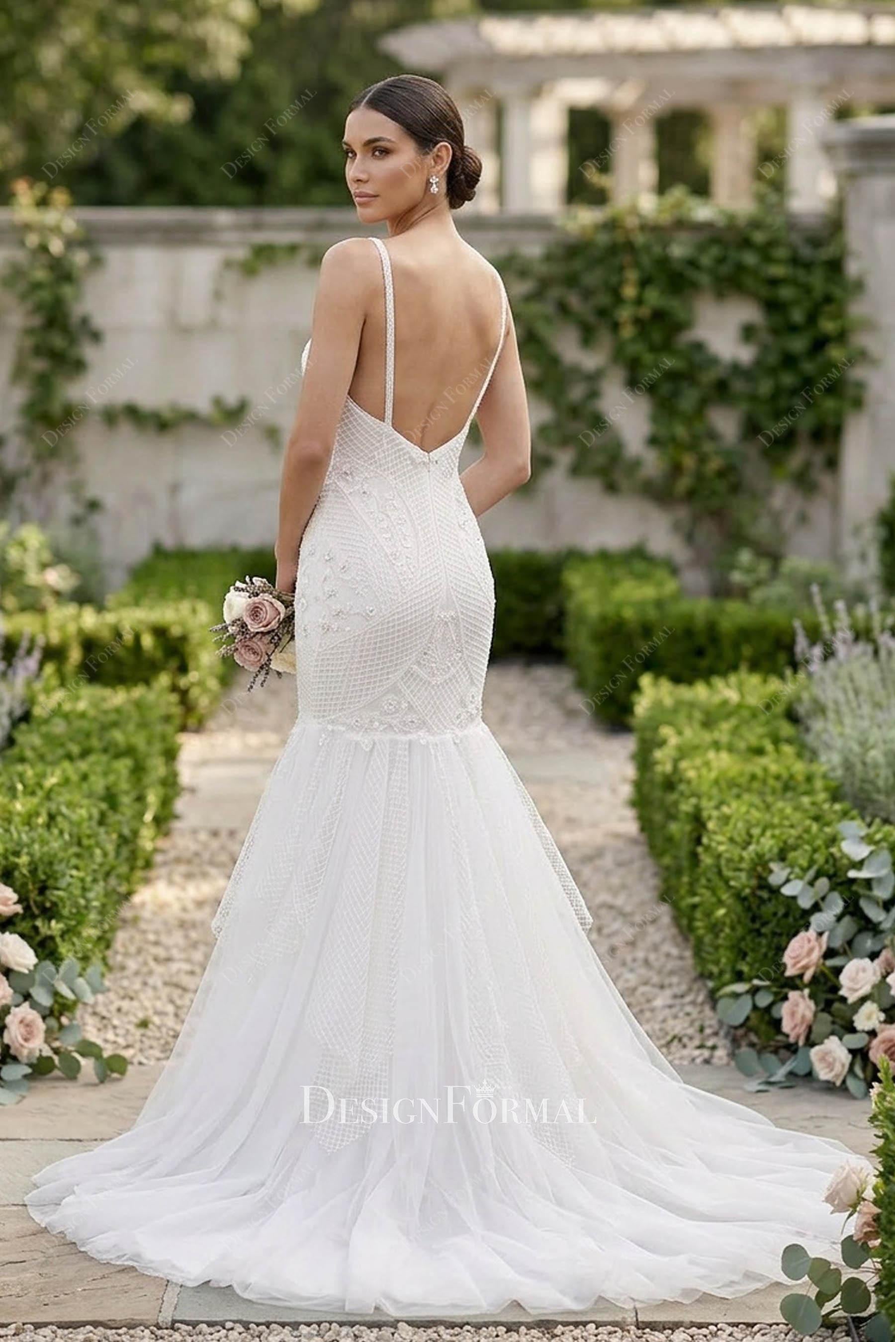 thin straps open back trumpet bridal dress
