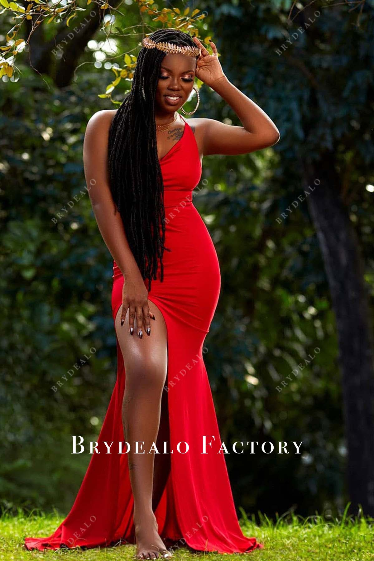 Red V-Neck Criss-Cross Back Fit and Flare Jersey Prom Dress