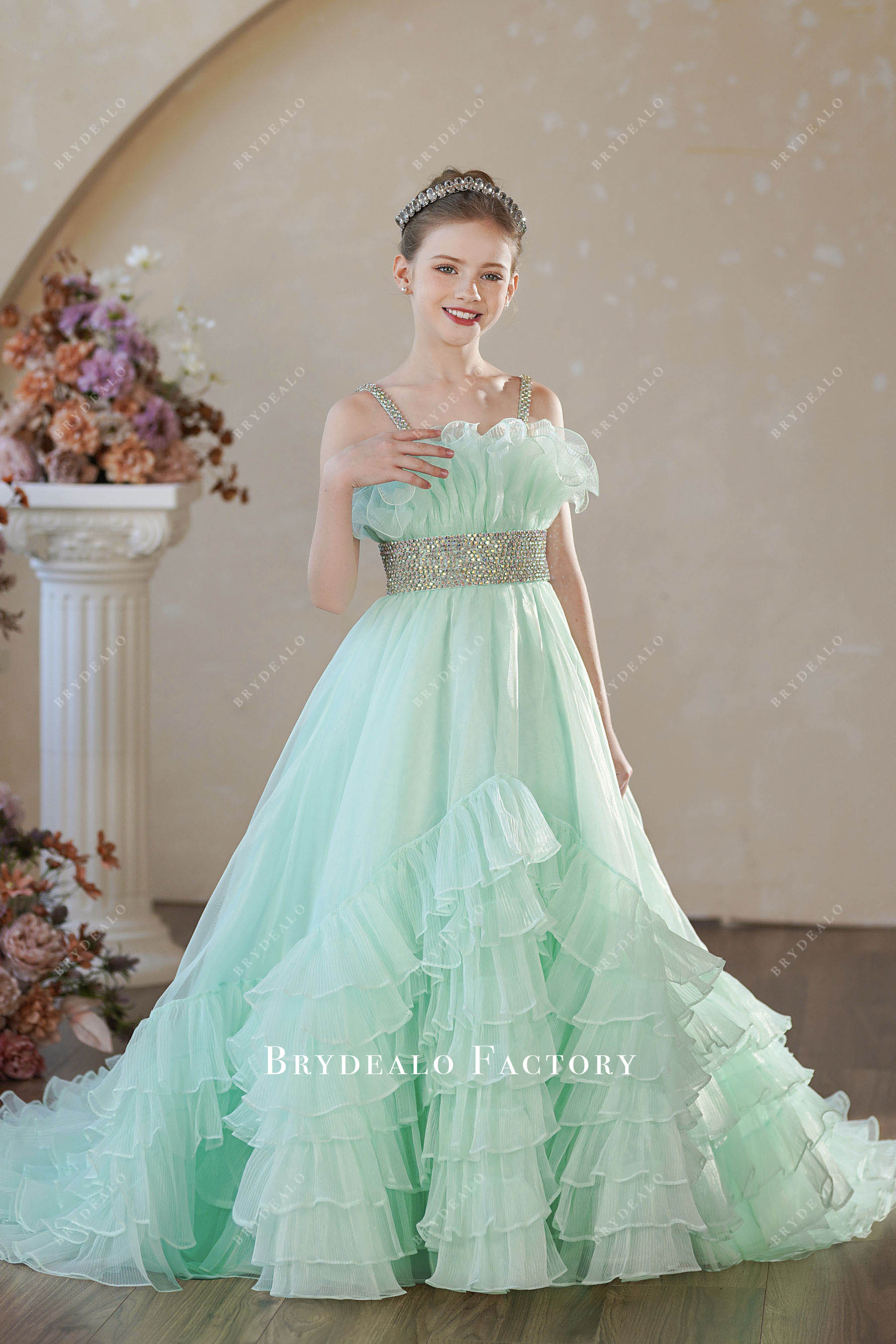 Sleeveless Tiffany Green Organza Ruffled A-Line Junior Pageant Dress Sleeveless Tiffany Green Organza Ruffled A-Line Junior Pageant Dress