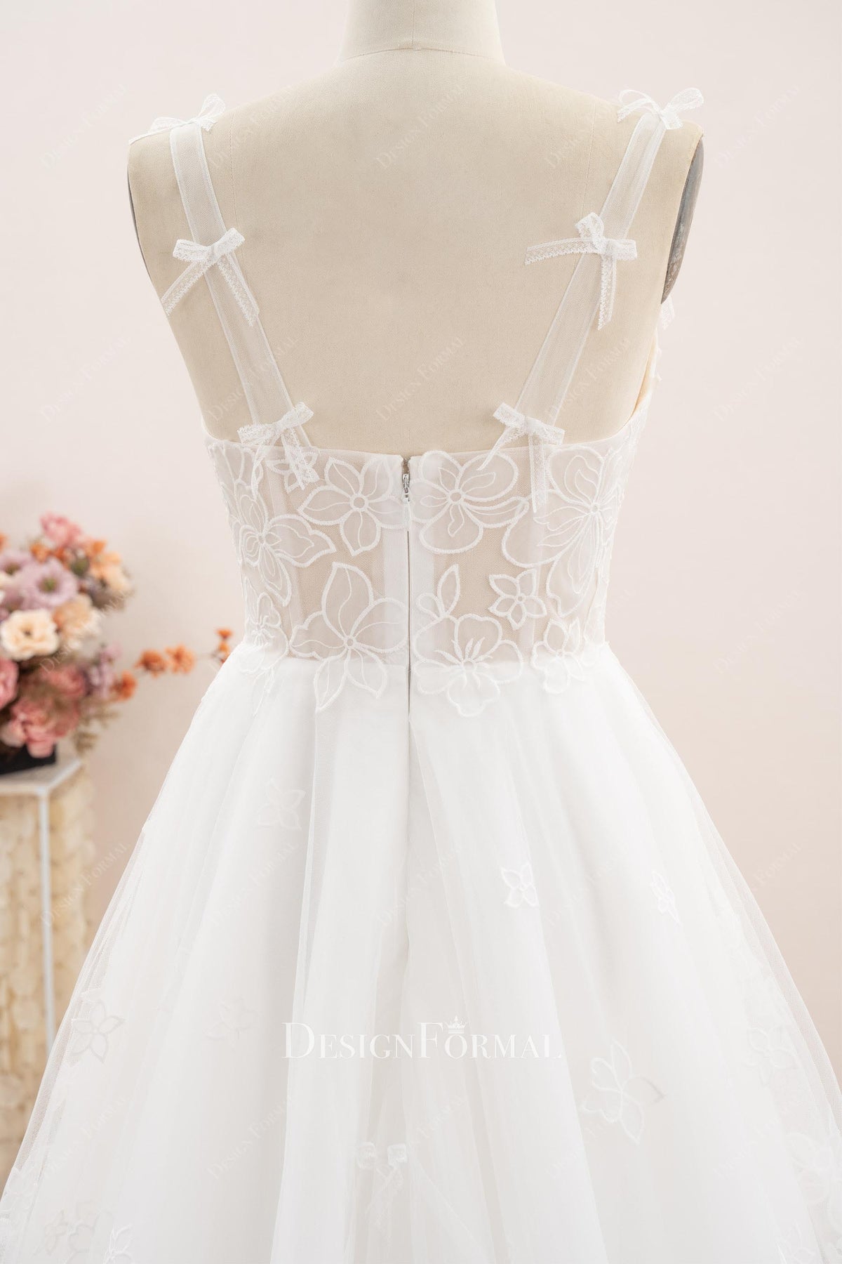tiny lace knots straps open back wedding dress