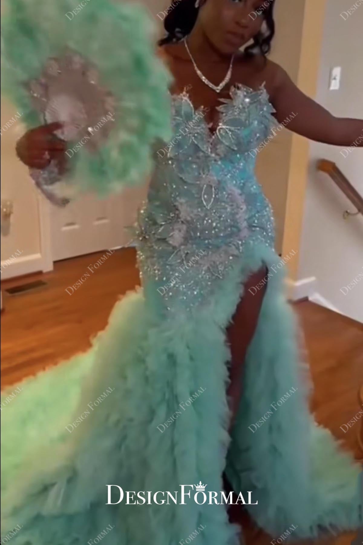 turquoise 3d lace split prom dress