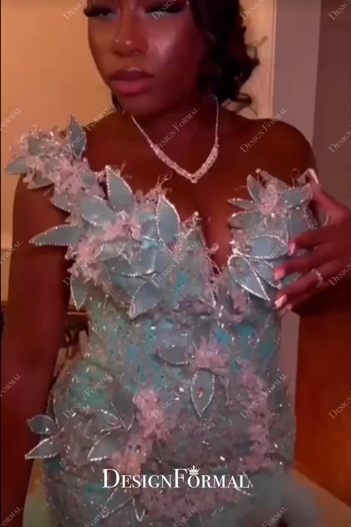 turquoise asymmetrical neck prom dress