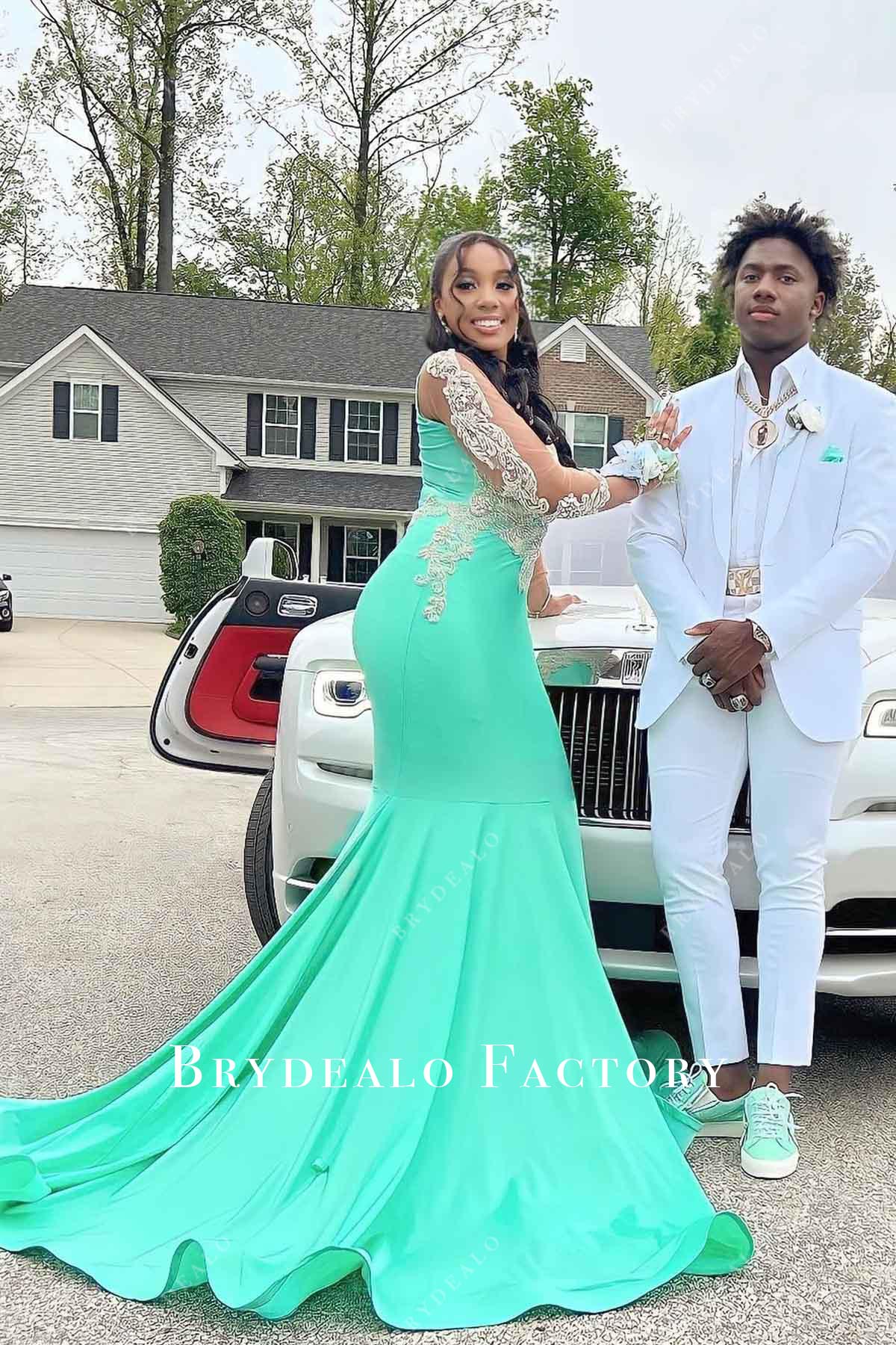 turquoise illusion sleeves prom dress