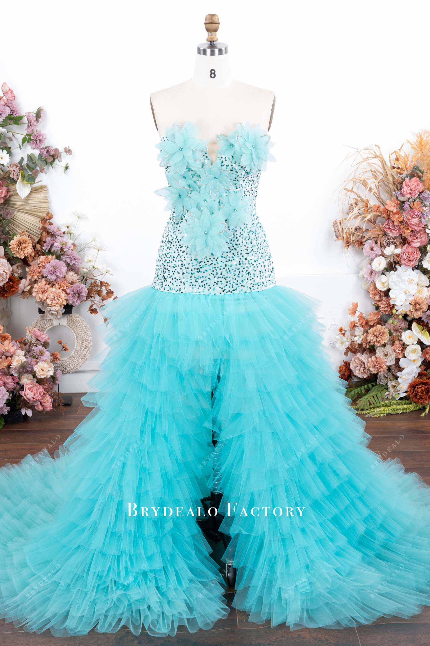 Turquoise Large Flowers Ruffled Tulle Slit Sparkly Prom Dress Turquoise Large Flowers Ruffled Tulle Slit Sparkly Prom Dress