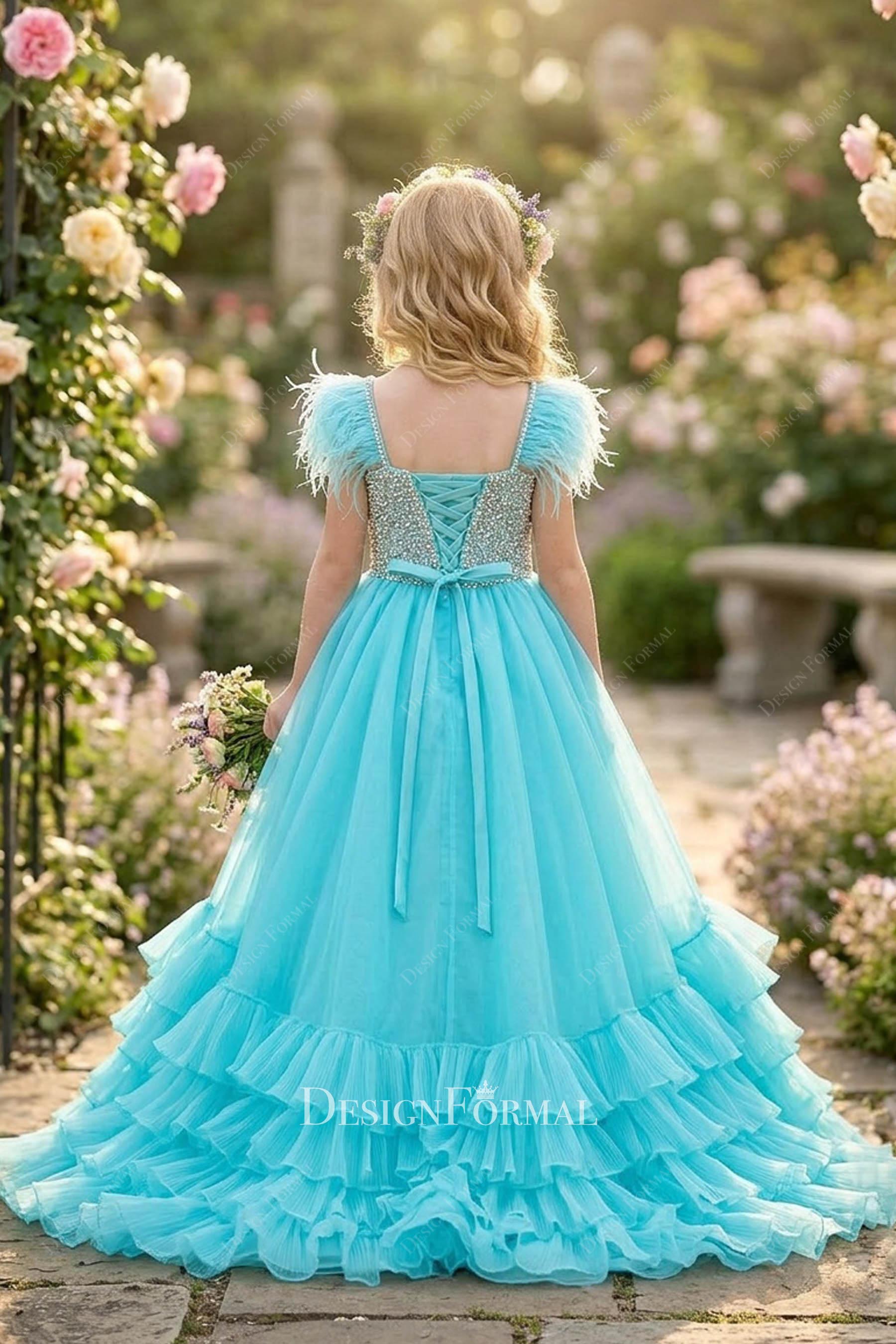 turquoise organza ruffles a line pageant gown