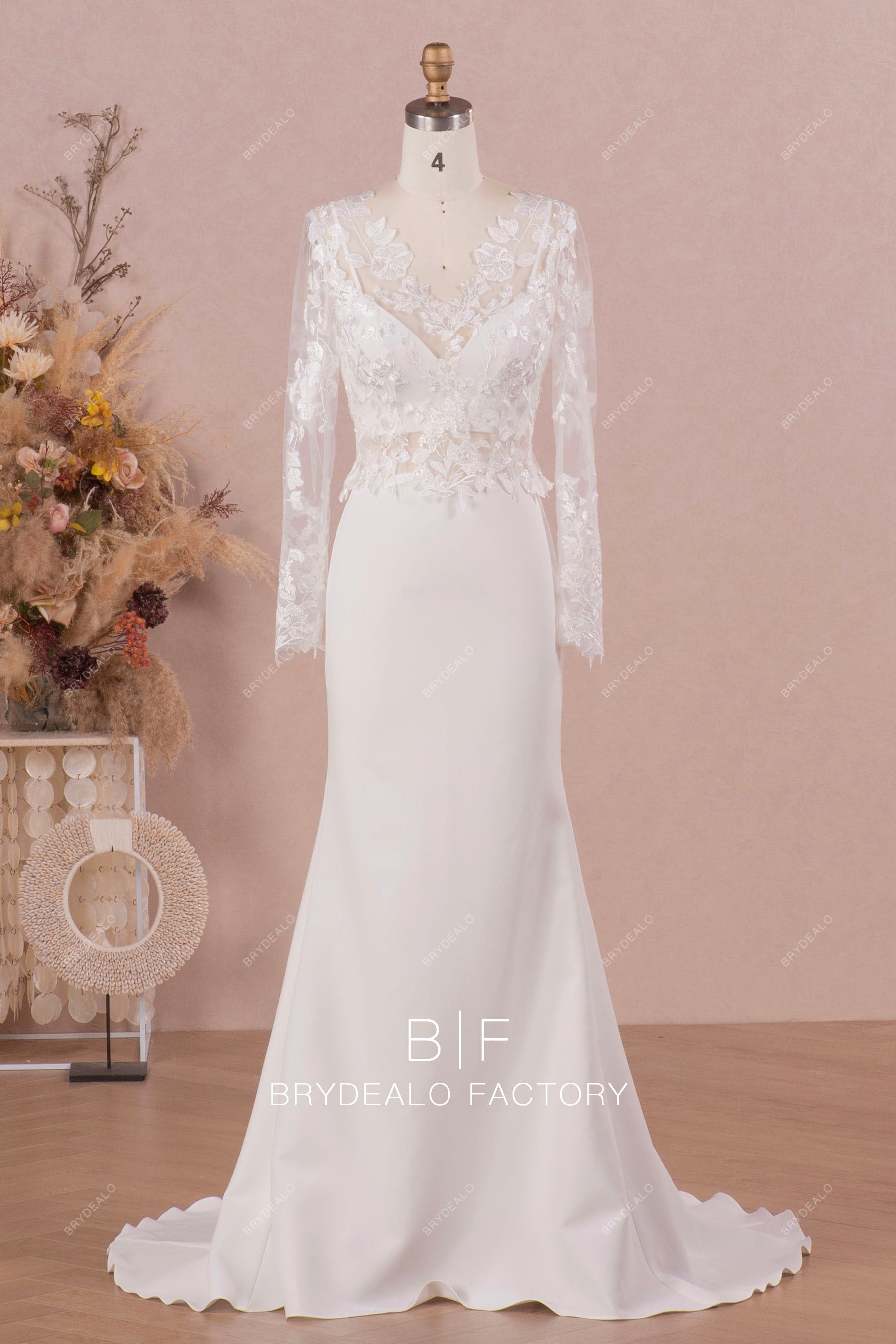 long sleeve v neck mermaid wedding dress V-neck Lace Bolero Modern Two-Piece Crepe Mermaid Wedding Dress, Light Ivory / Dress with Bolero