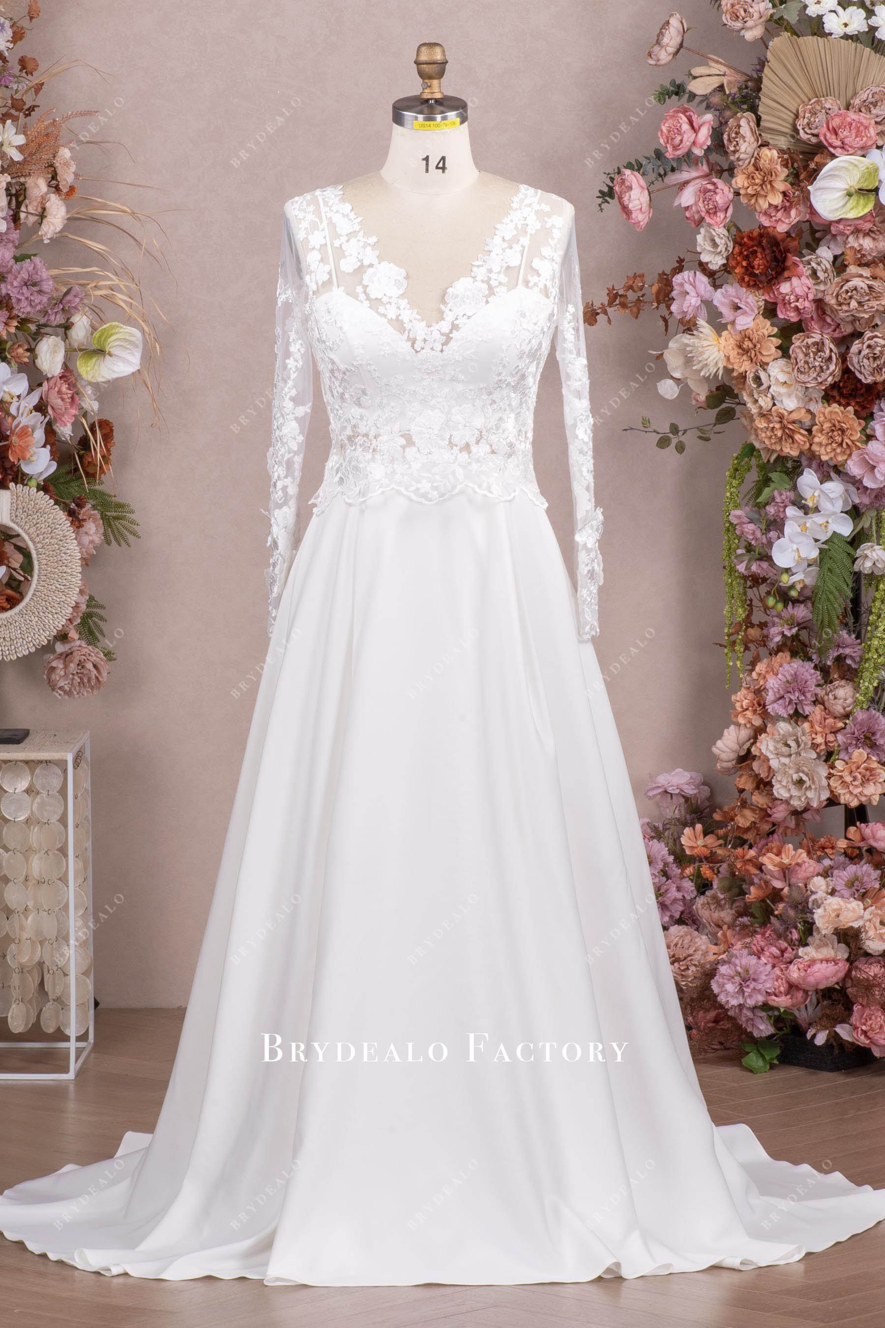 two piece lace v neck crepe skirt wedding dress