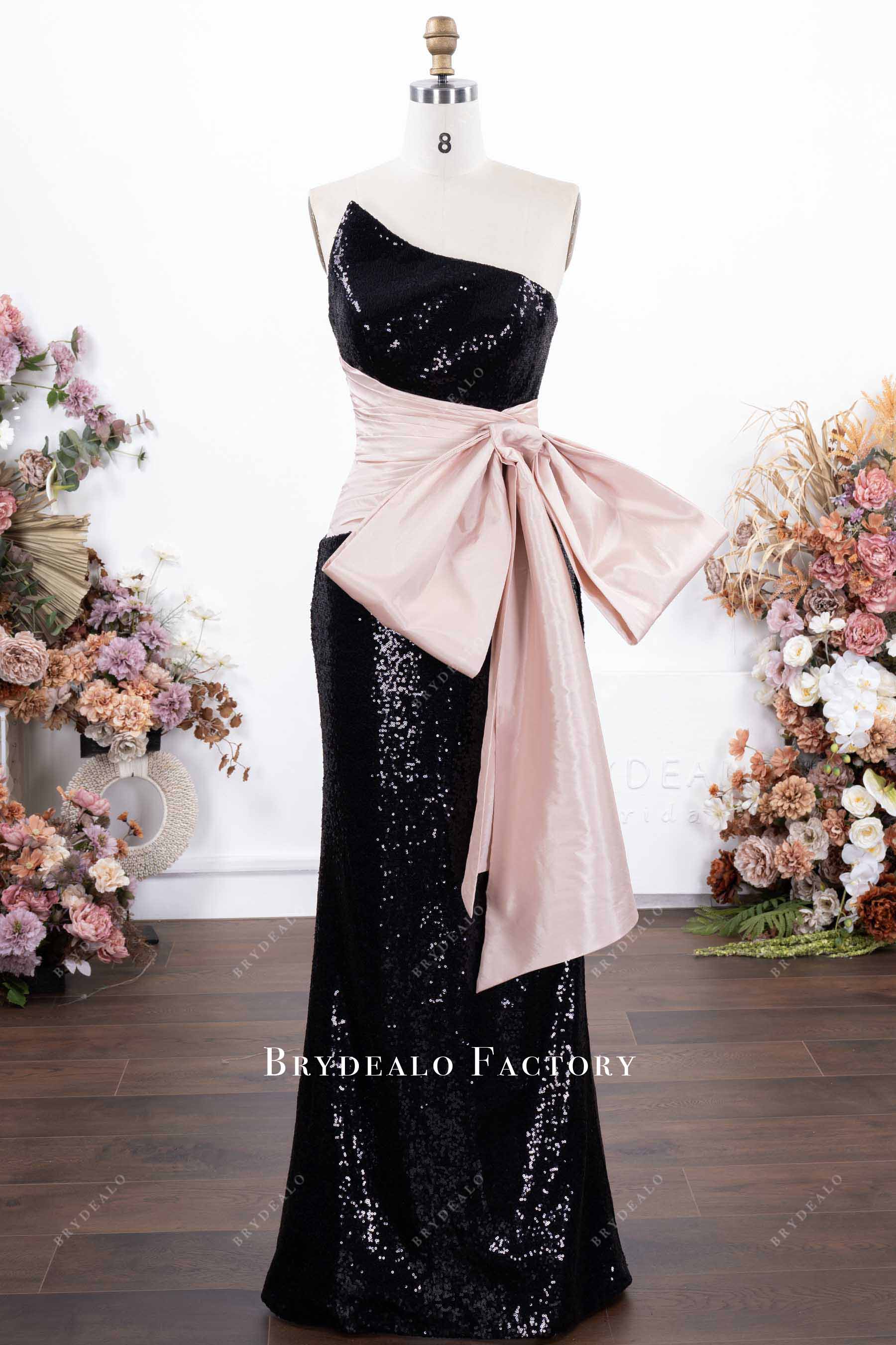 Black Sequined Pink Bow Fit And Flare Formal Gown Black Sequined Pink Bow Fit And Flare Formal Gown