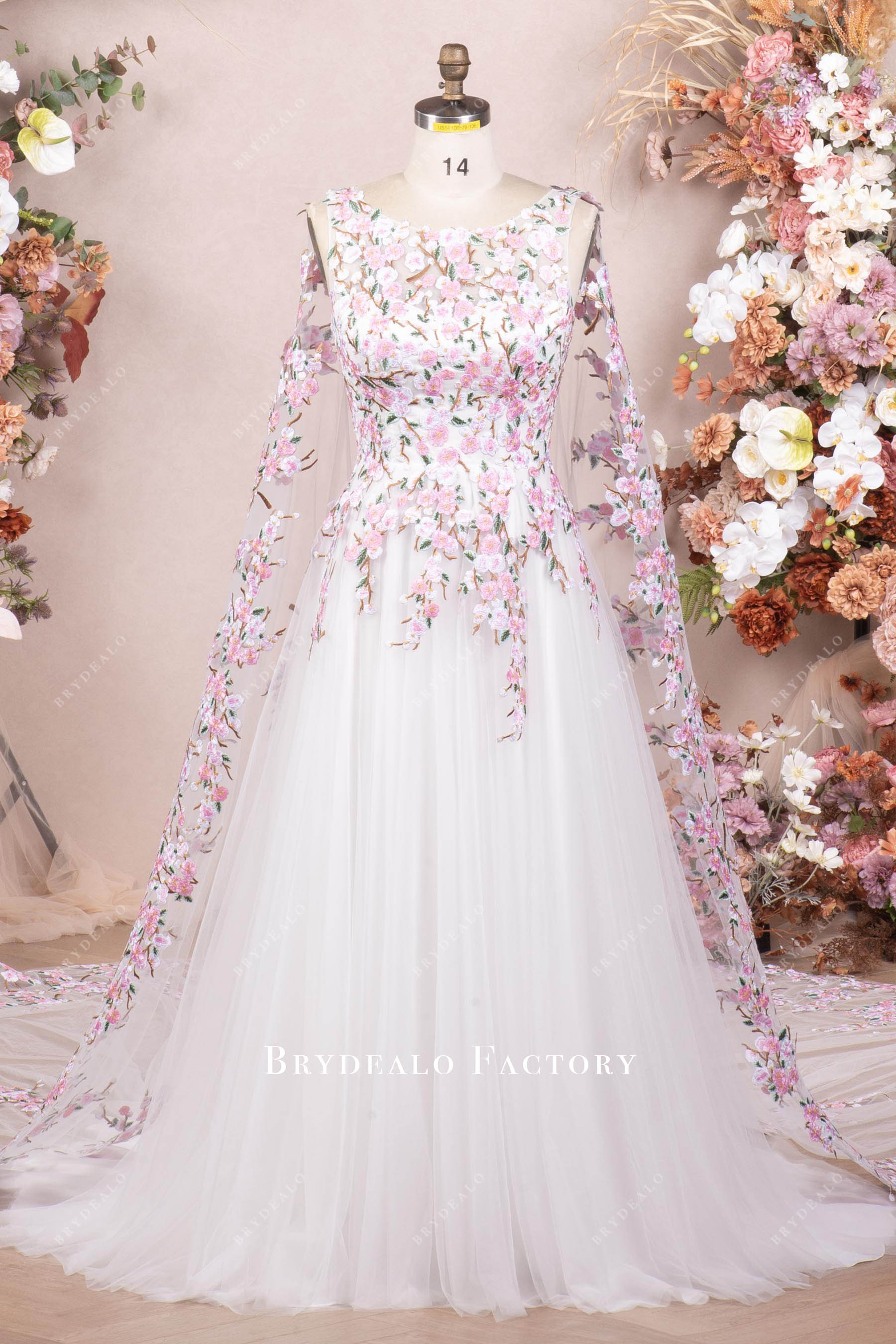 Romantic Pink Flower Cape White Tulle A-line Spring Wedding Dress Romantic Pink Flower Cape White Tulle A-line Spring Wedding Dress
