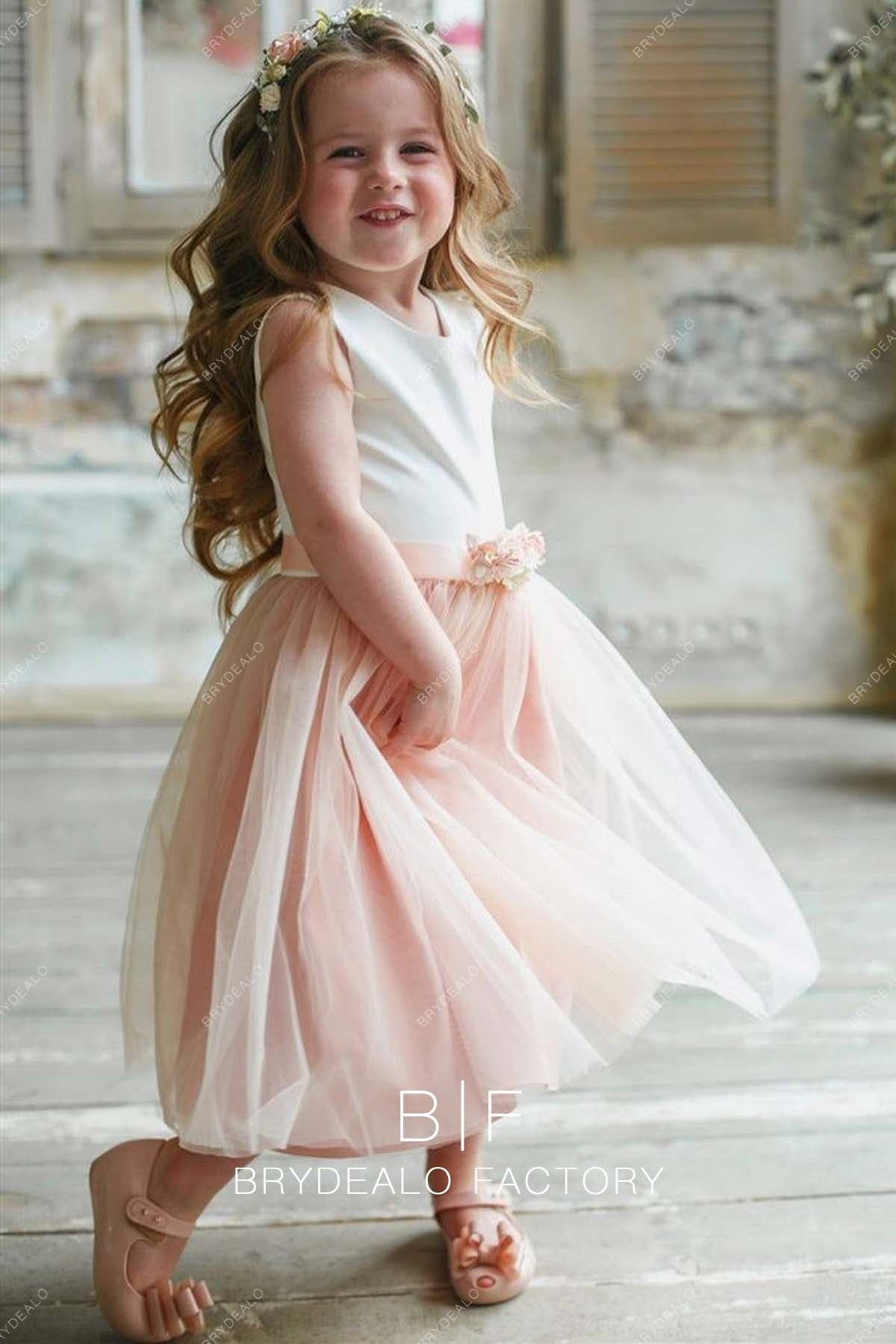 White Satin Pearl Pink Tulle Tea Length Flower Girl Dress