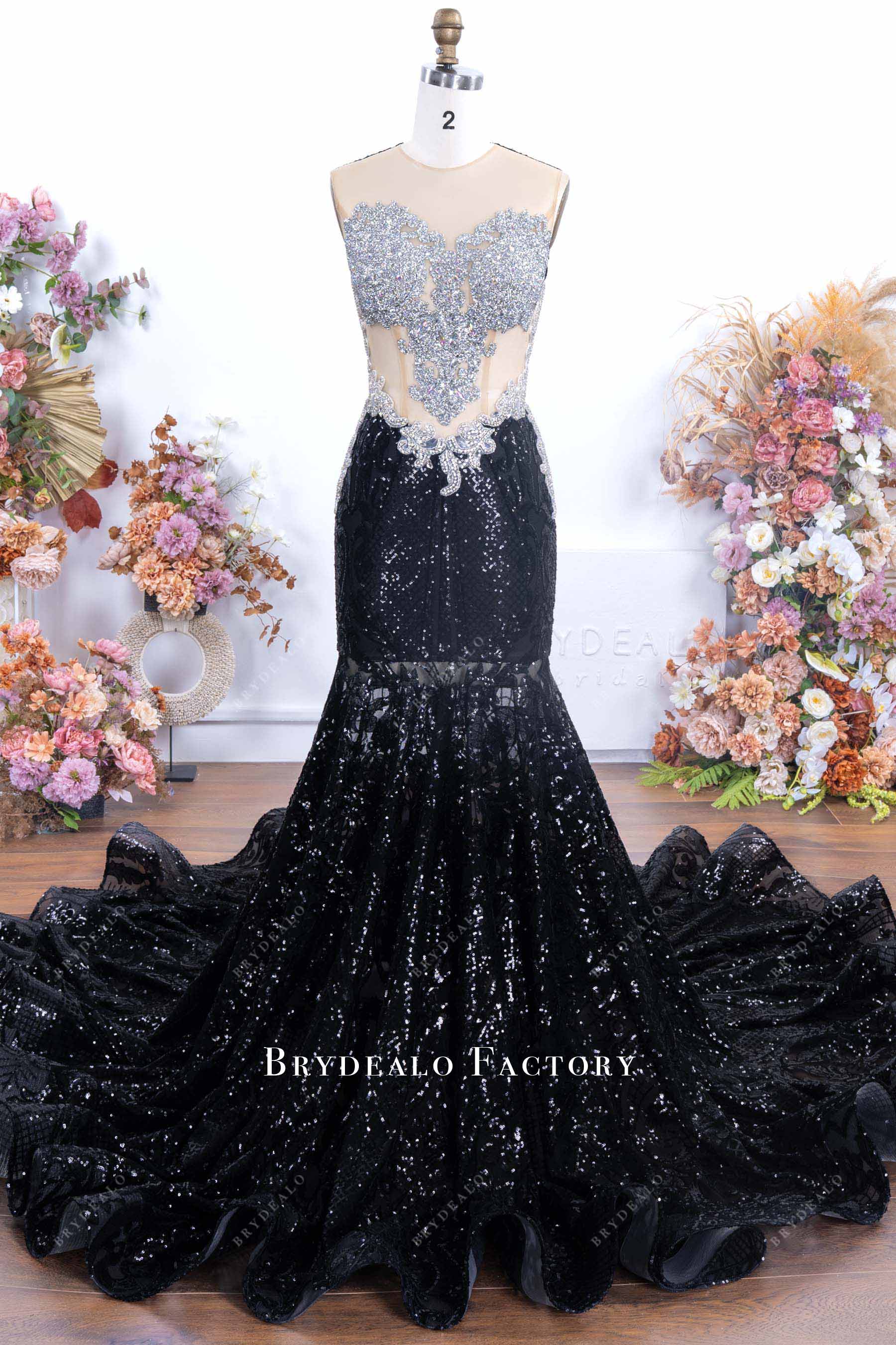 Sparkly Silver Rhinestones Black Sequin Trumpet Prom Dress