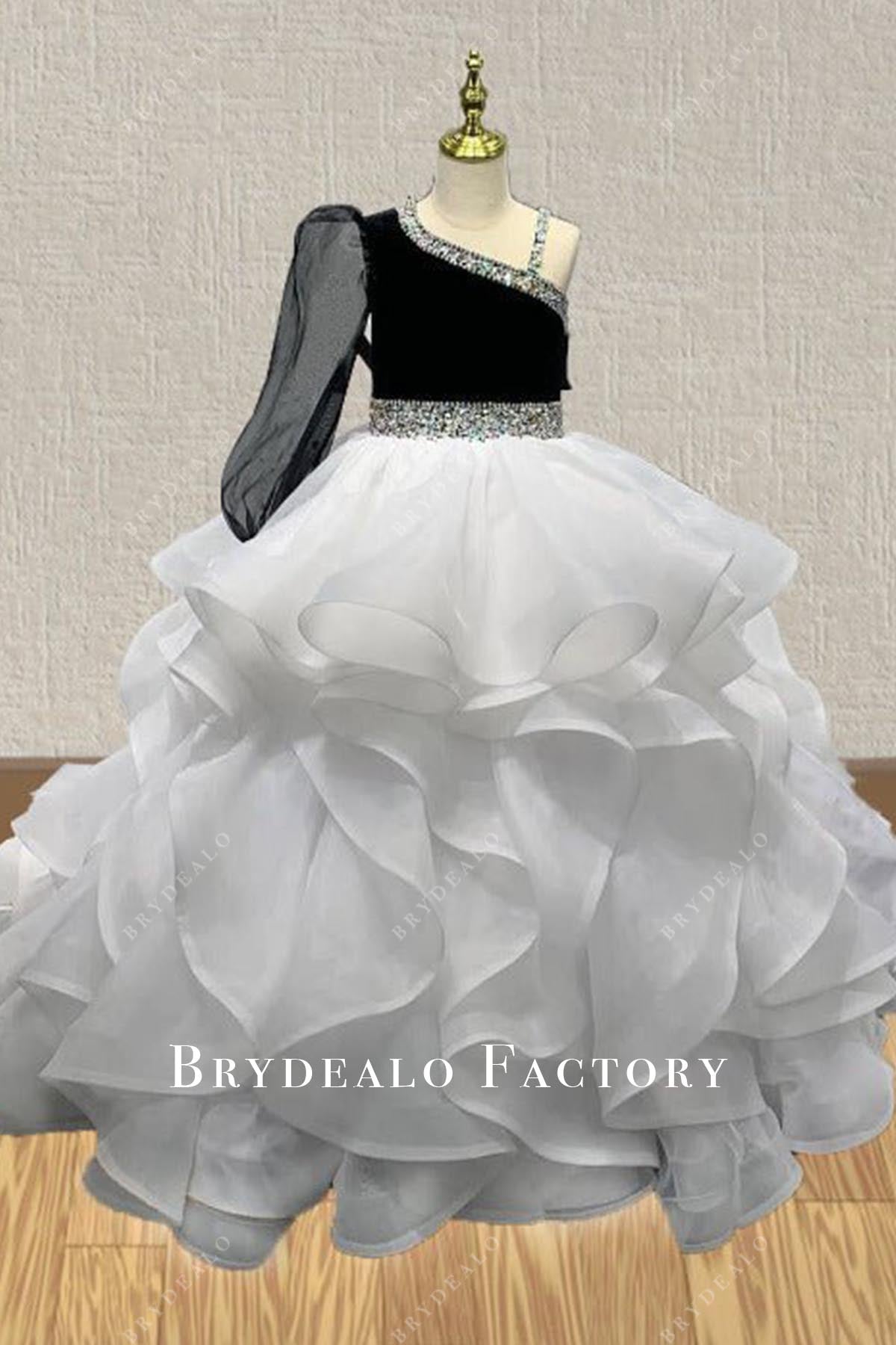 Two-Tone One Sleeve Ruffled A-Line Kids Pageant Dress