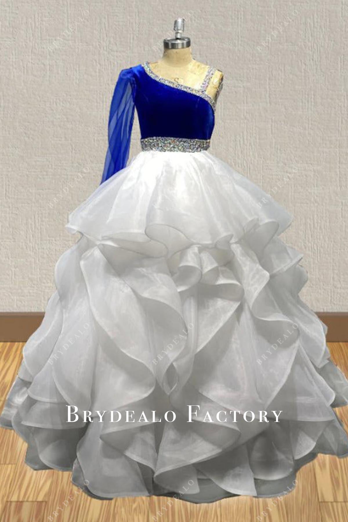 Two-Tone One Sleeve Ruffled A-Line Pageant Dress Two-Tone One Sleeve Ruffled A-Line Pageant Dress