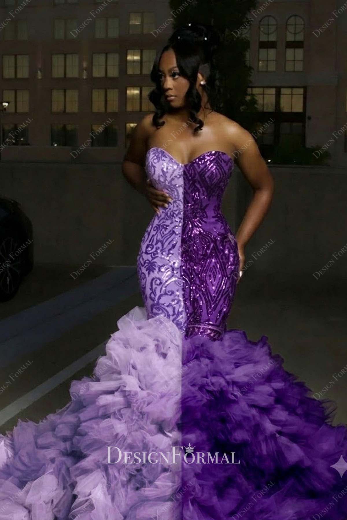 two tone purple strapless trumpet prom dress