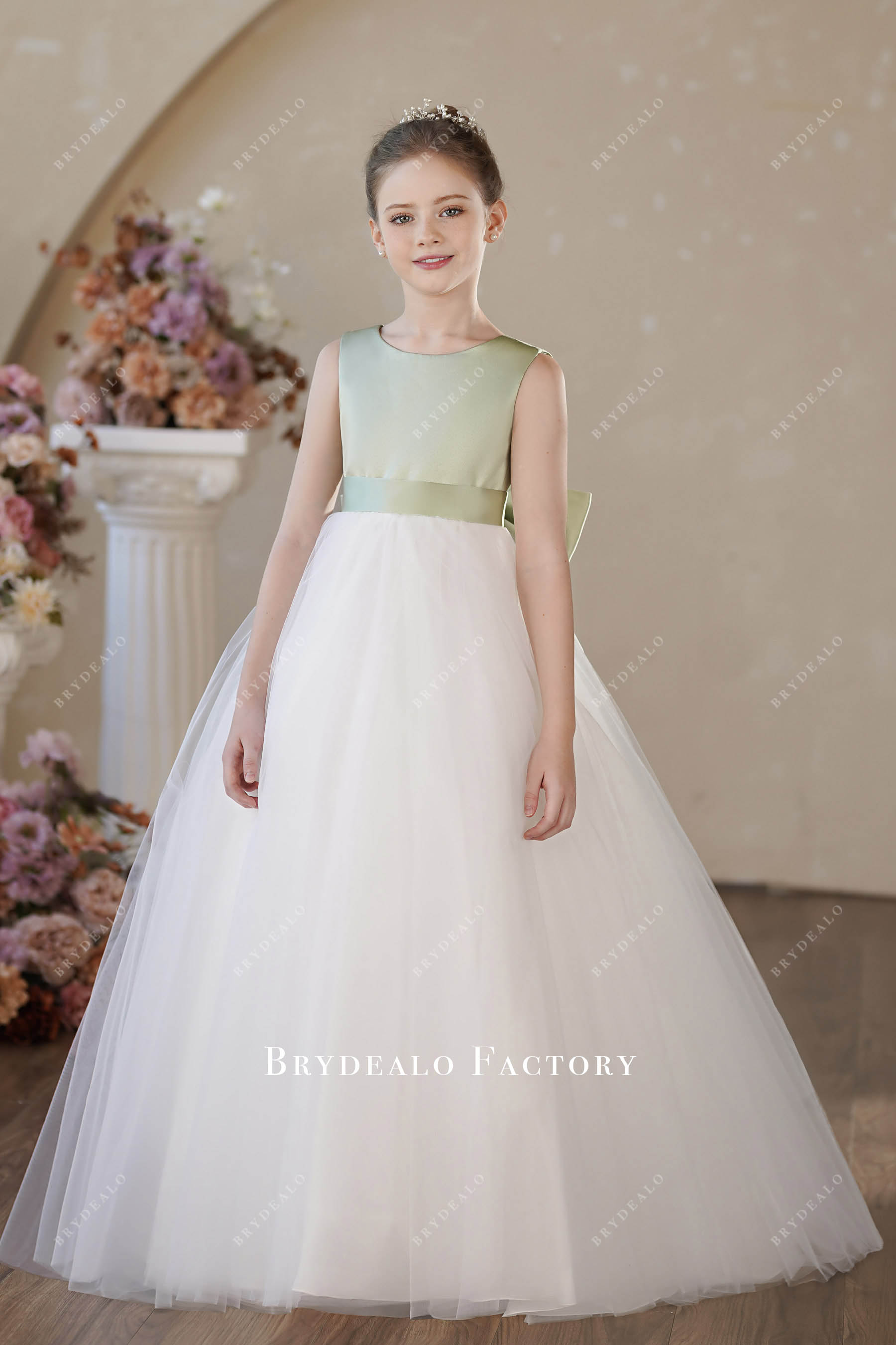 Elegant Sage Satin White Tulle Big Bow Floor Length Flower Girl Dress Elegant Sage Satin White Tulle Big Bow Floor Length Flower Girl Dress