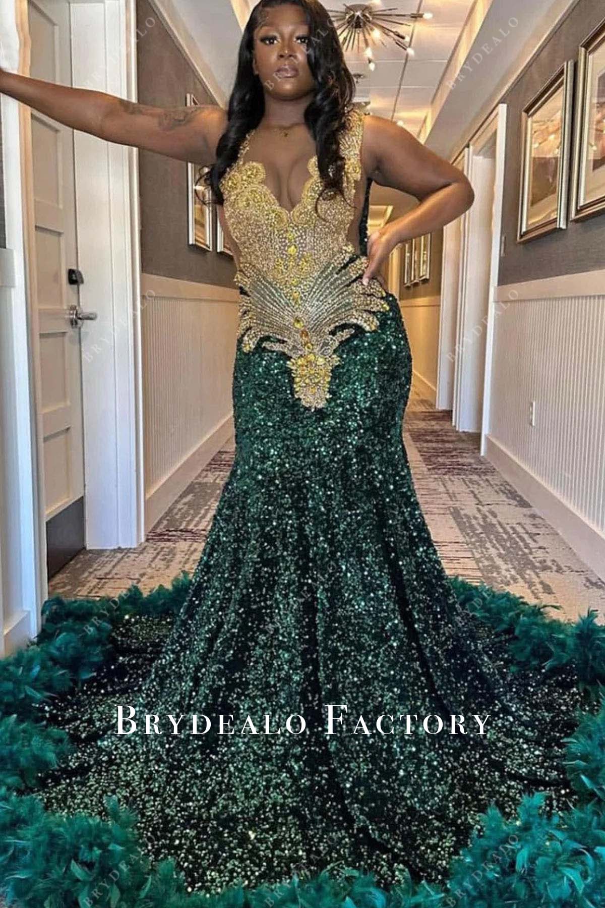 Emerald Green And Gold Prom Dresses Emerald Green Mermaid Evening Dress Split With Gold Appliques Tassels Newinlook Emerald Green And Gold Prom Dresses Emerald Green Mermaid Evening Dress Split With Gold Appliques Tassels Newinlook