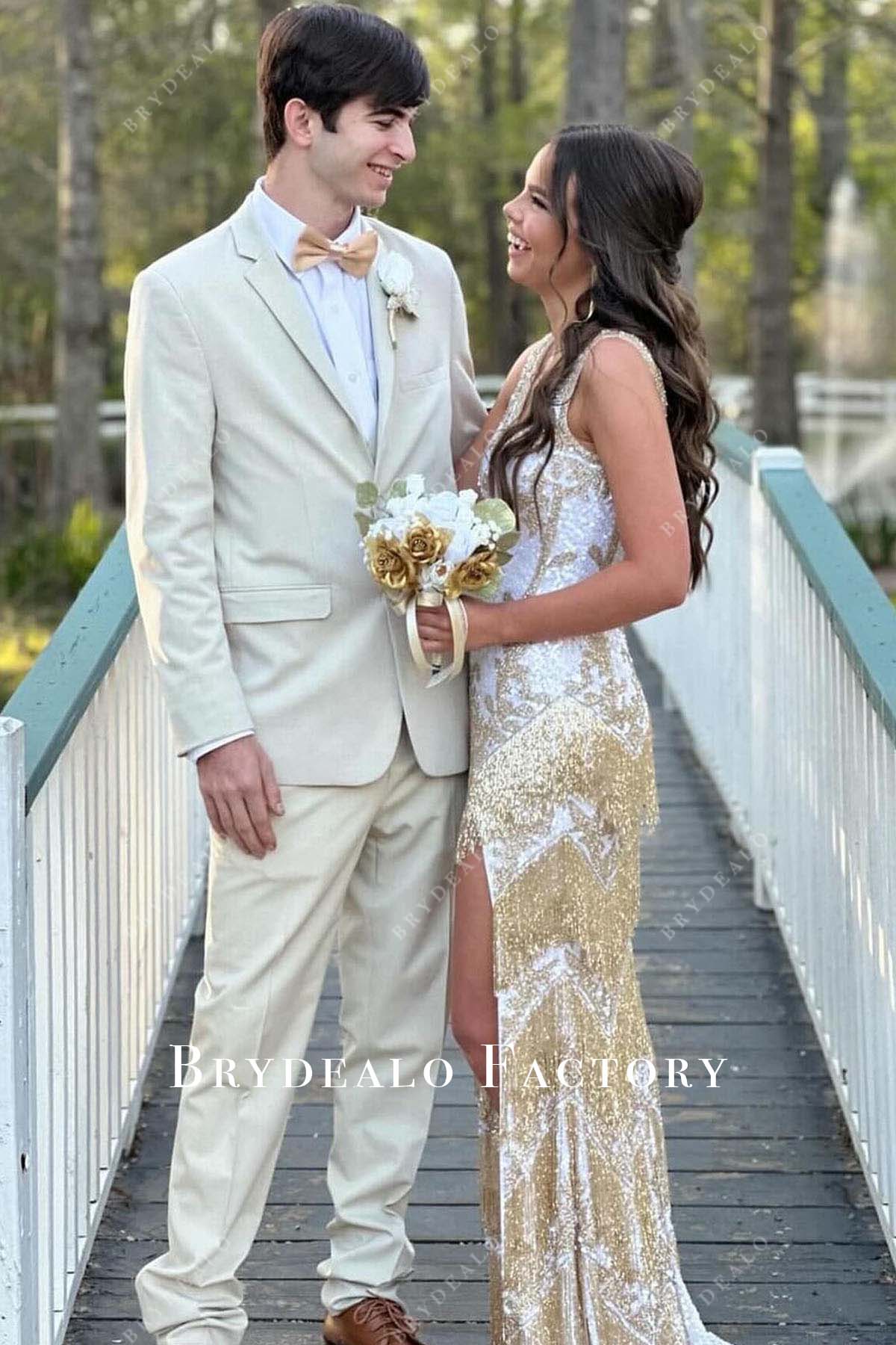 two tone sequined thigh slit homecoming dress